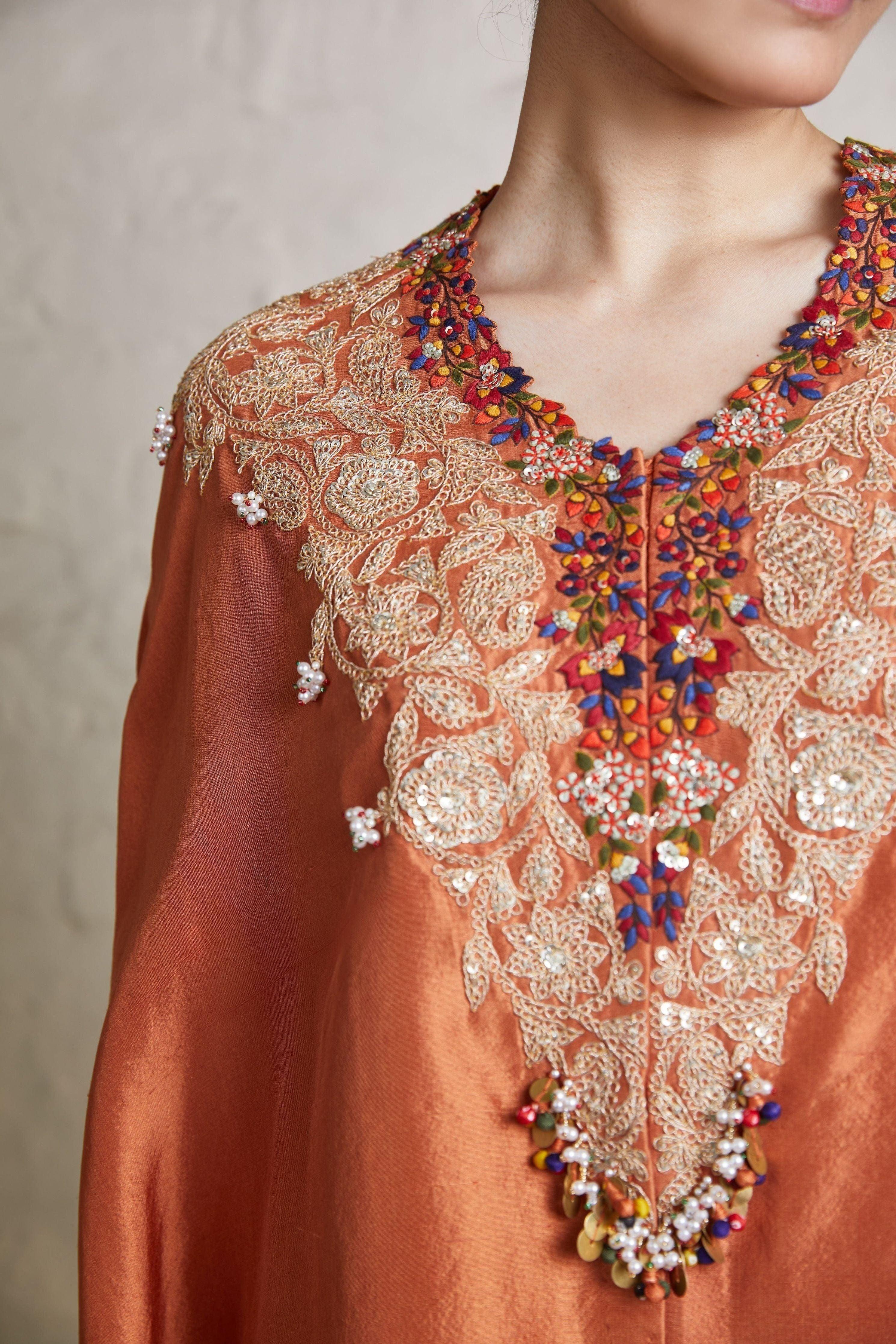 Burnt Orange Silk Kaftaan With Crepe Dhoti - Mokshaa