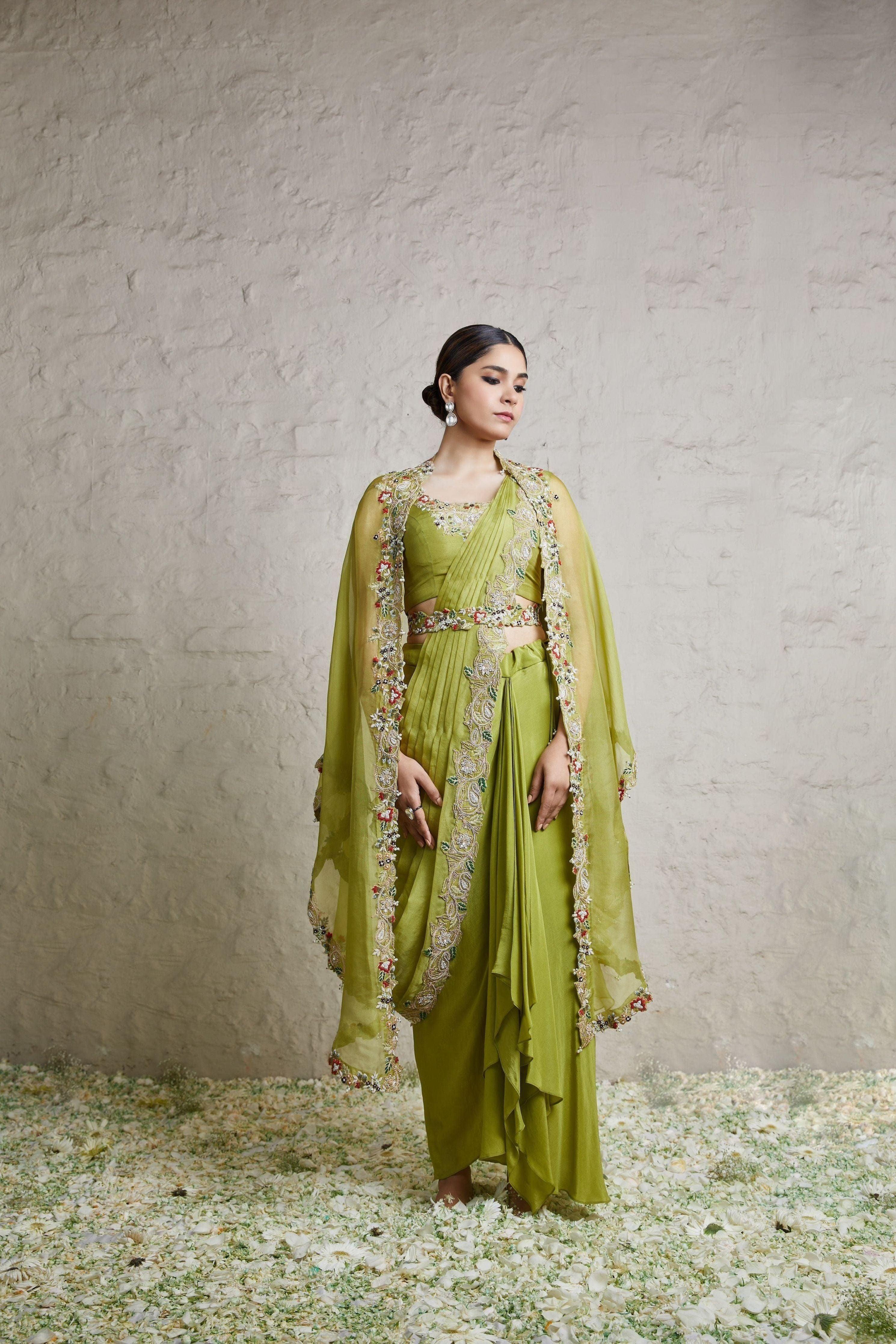 Lime Green Silk Blouse With Organza Drape, Cape And Crepe Dhoti - Mokshaa