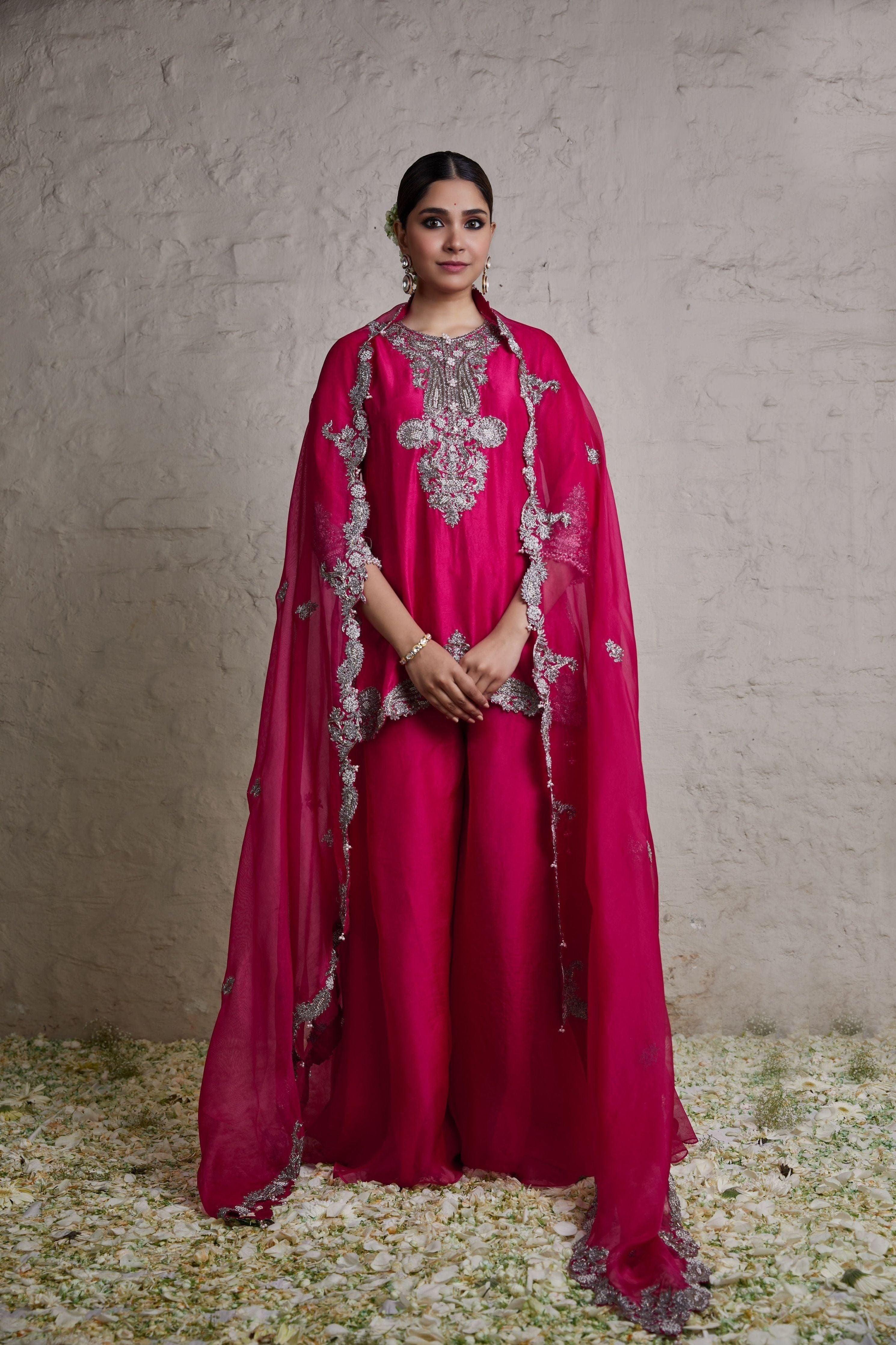 Fuscia Silk Kurta With Organza Sharara And Dupatta - Mokshaa
