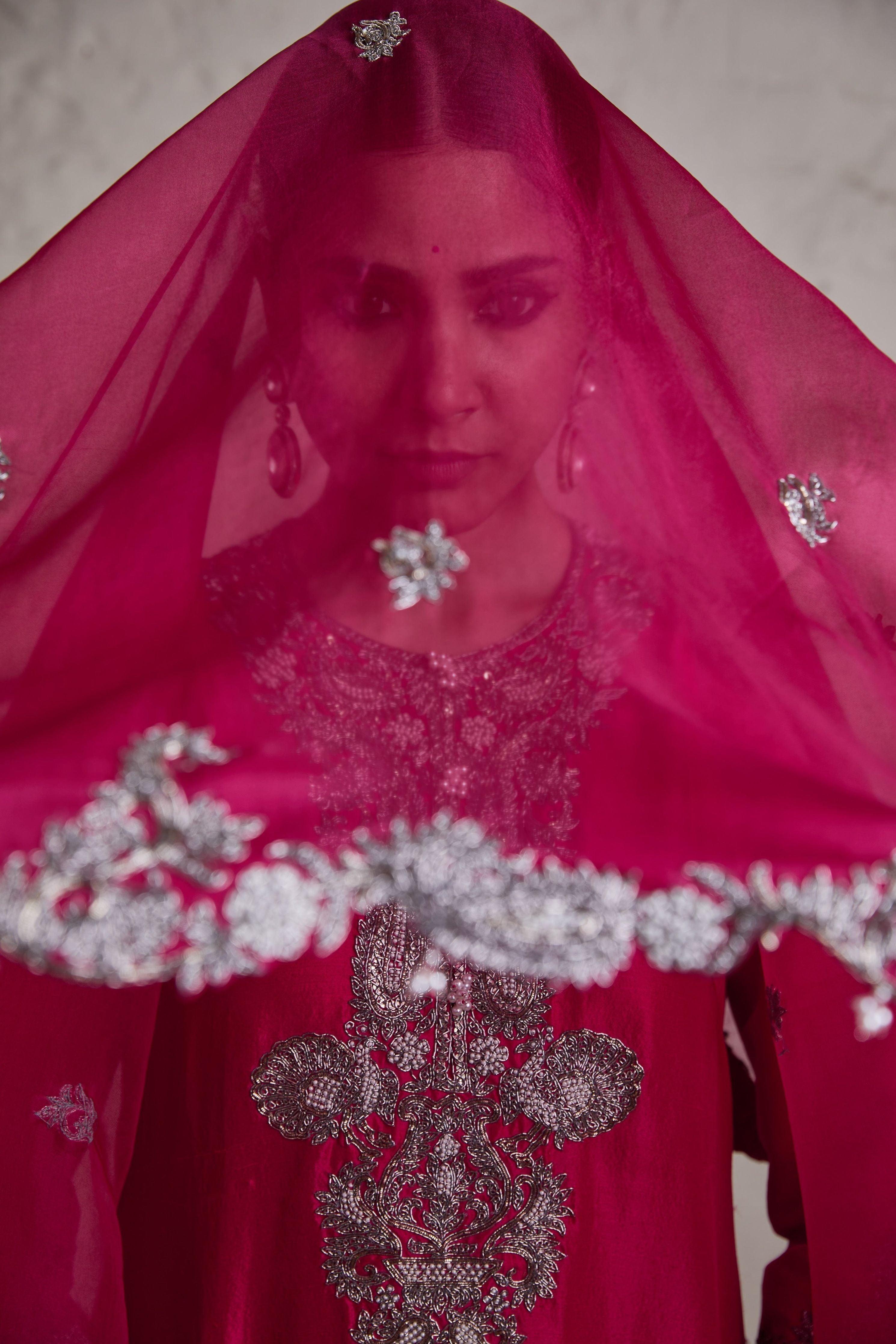 Fuscia Silk Kurta With Organza Sharara And Dupatta - Mokshaa