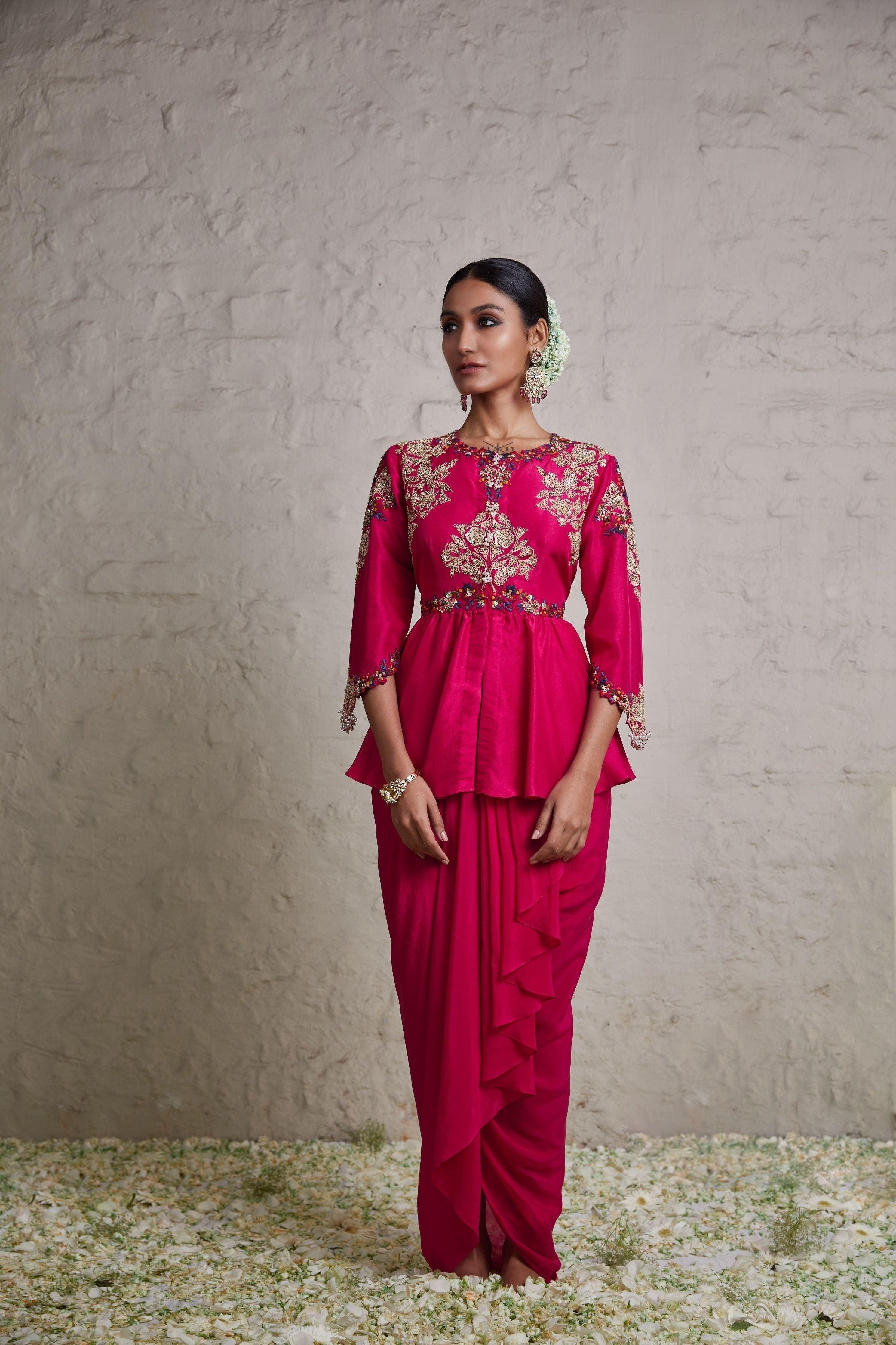 Fuscia Silk Peplum Top With Crepe Dhoti - Mokshaa