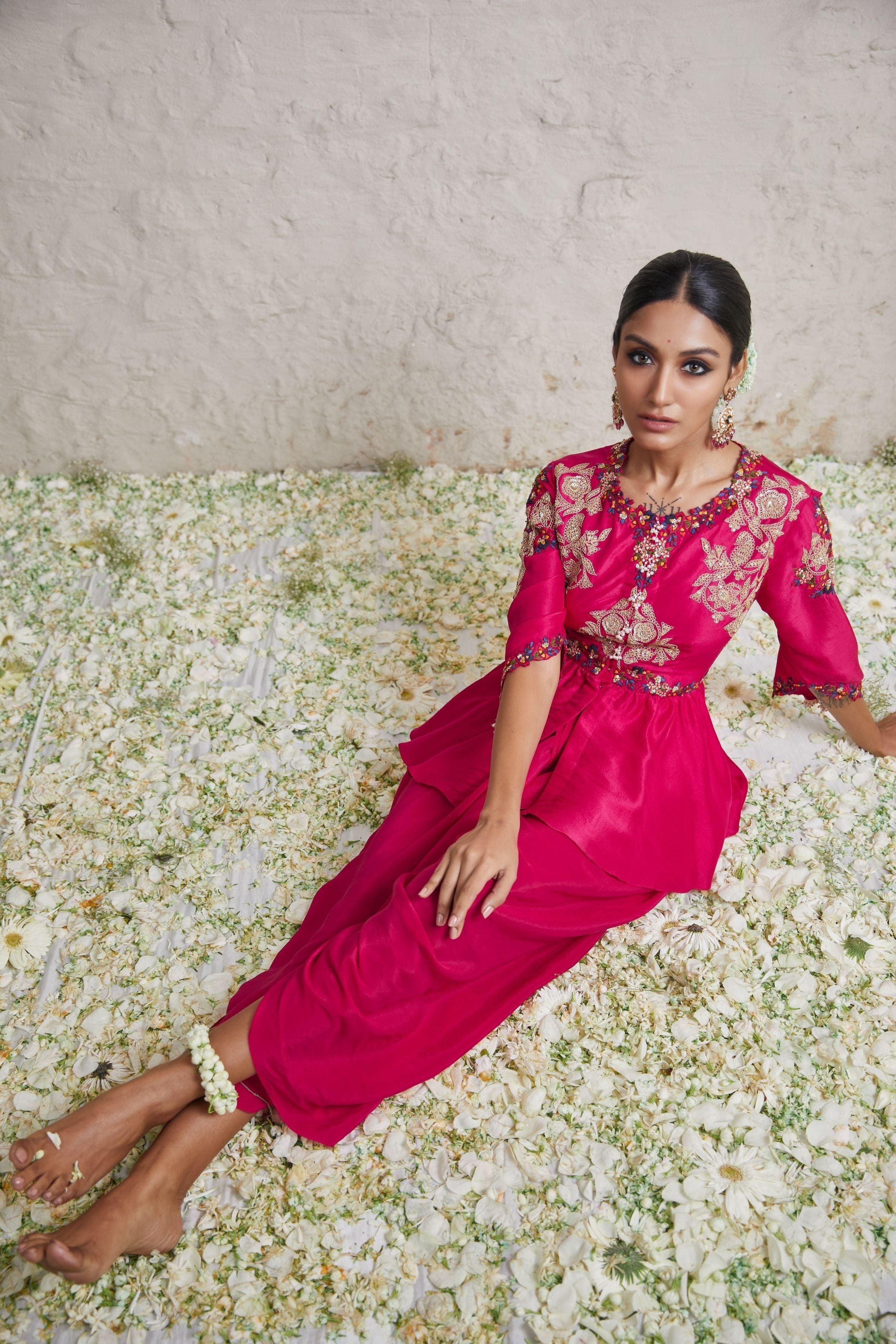 Fuscia Silk Peplum Top With Crepe Dhoti - Mokshaa