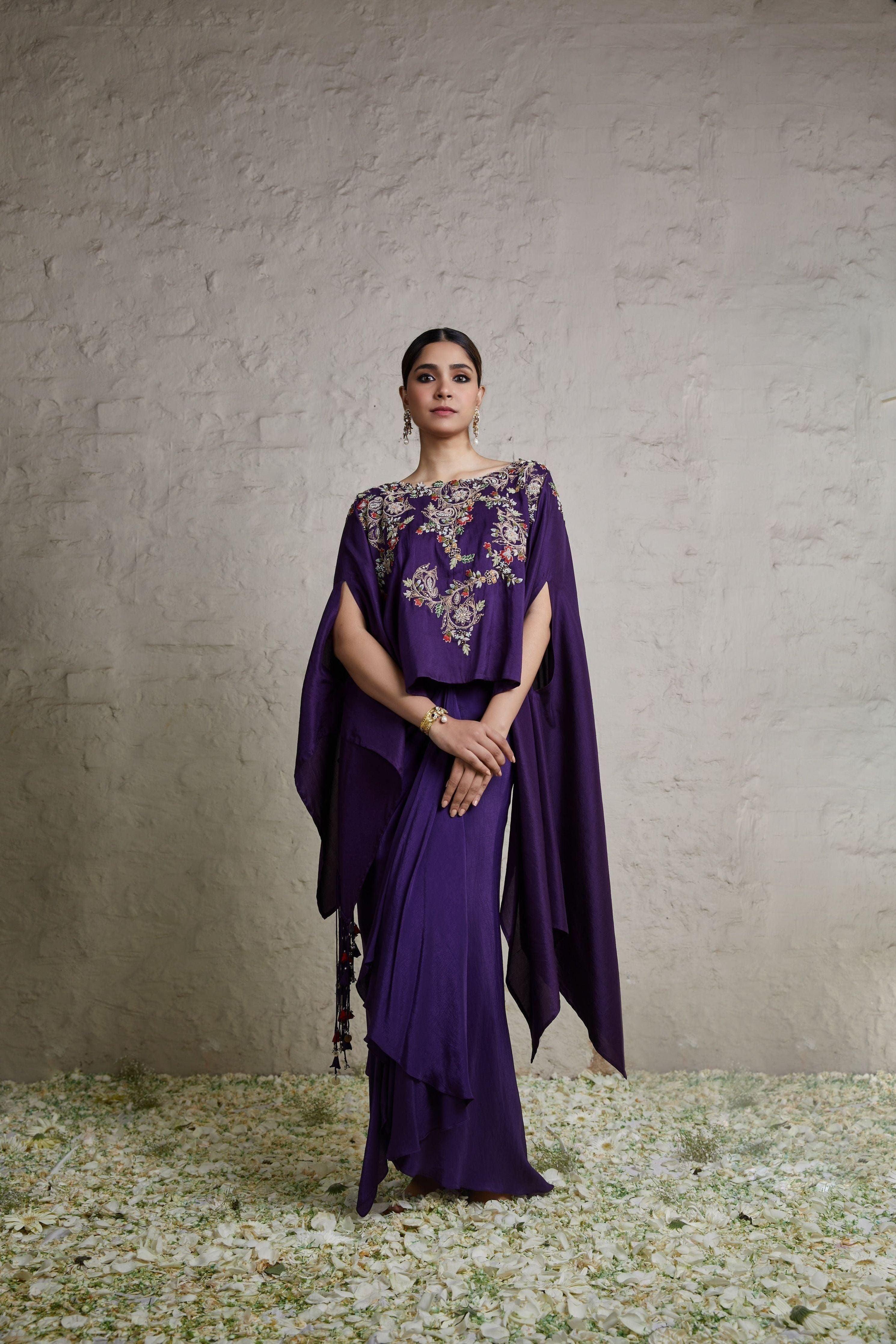 Aubergine Silk Kaftaan With Crepe Dhoti - Mokshaa