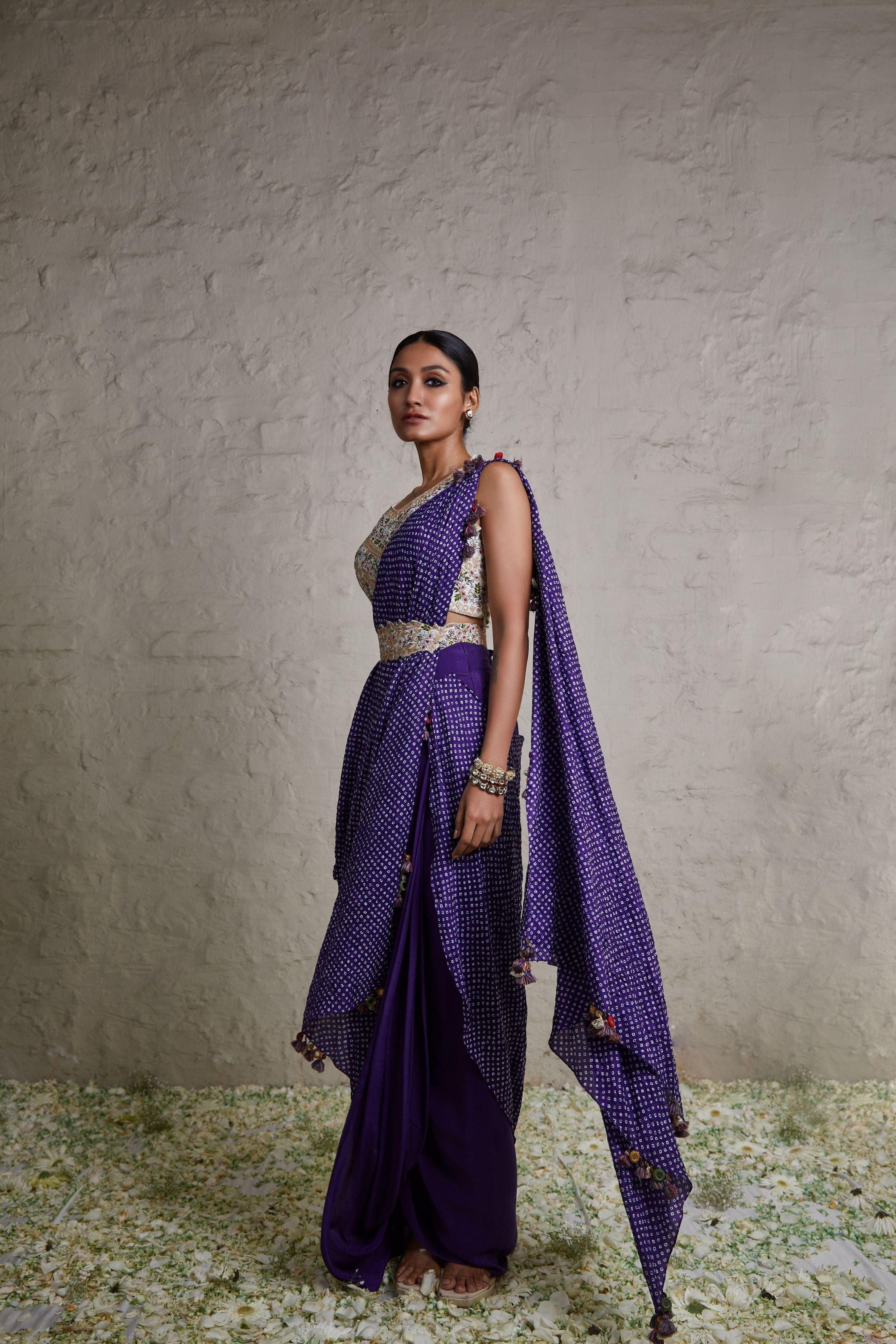 Aubergine Silk Blouse With Bandhej Skirt And Drape - Mokshaa