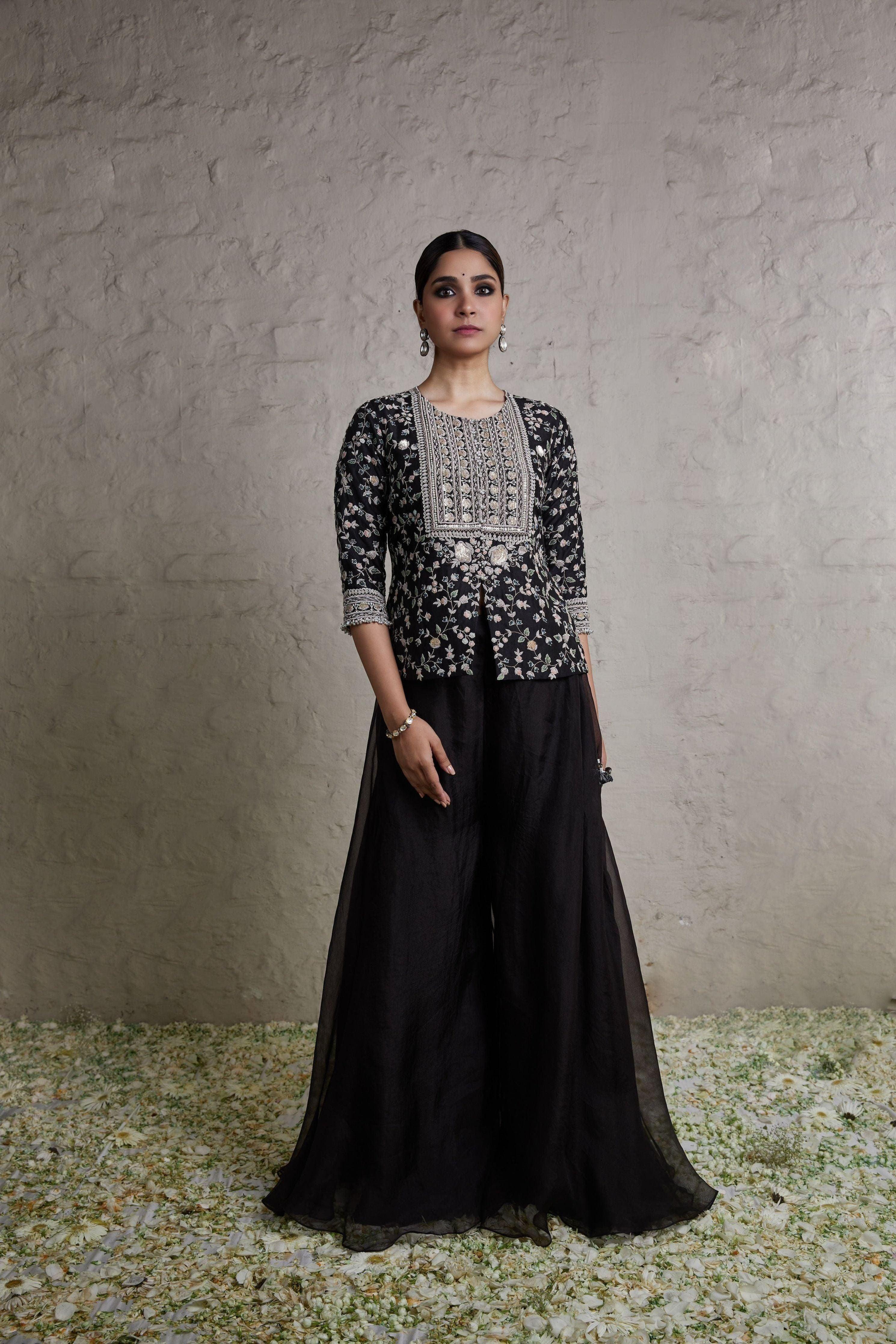 Black Silk Blouse With Organza Sharara - Mokshaa