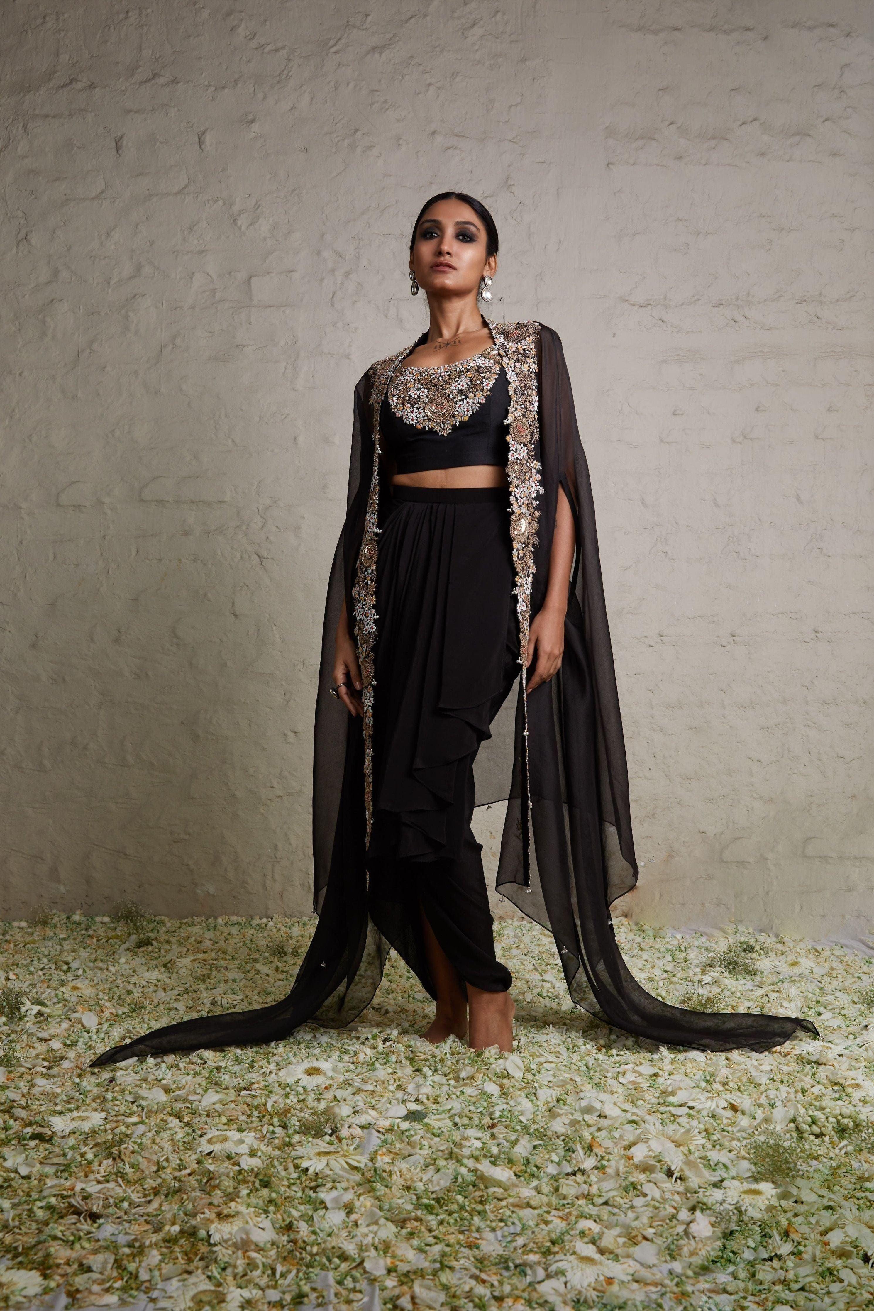 Black Silk Blouse With Organza Cape And Crepe Skirt - Mokshaa
