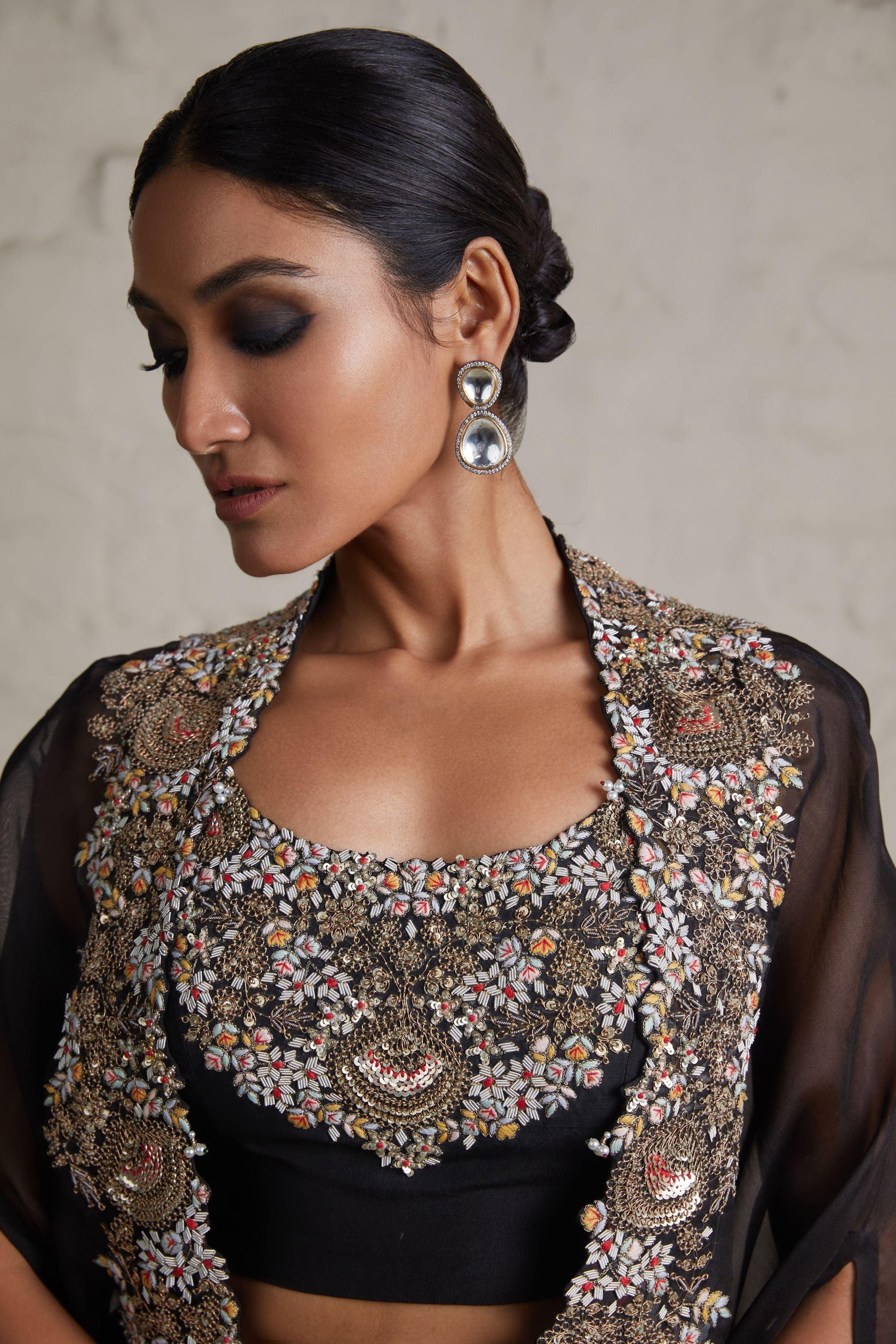 Black Silk Blouse With Organza Cape And Crepe Skirt - Mokshaa