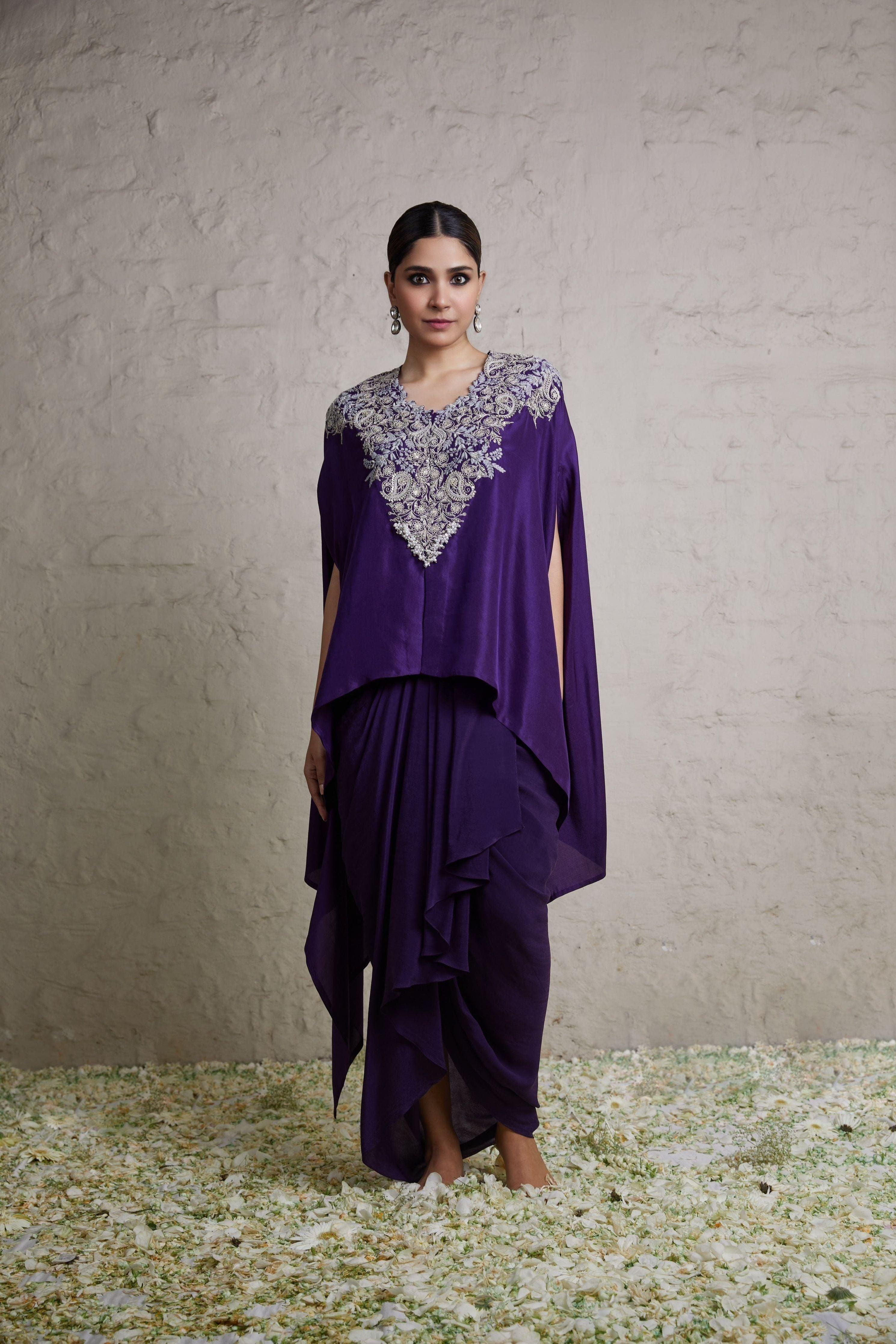 Aubergine Silk Kaftaan With Crepe Dhoti - Mokshaa
