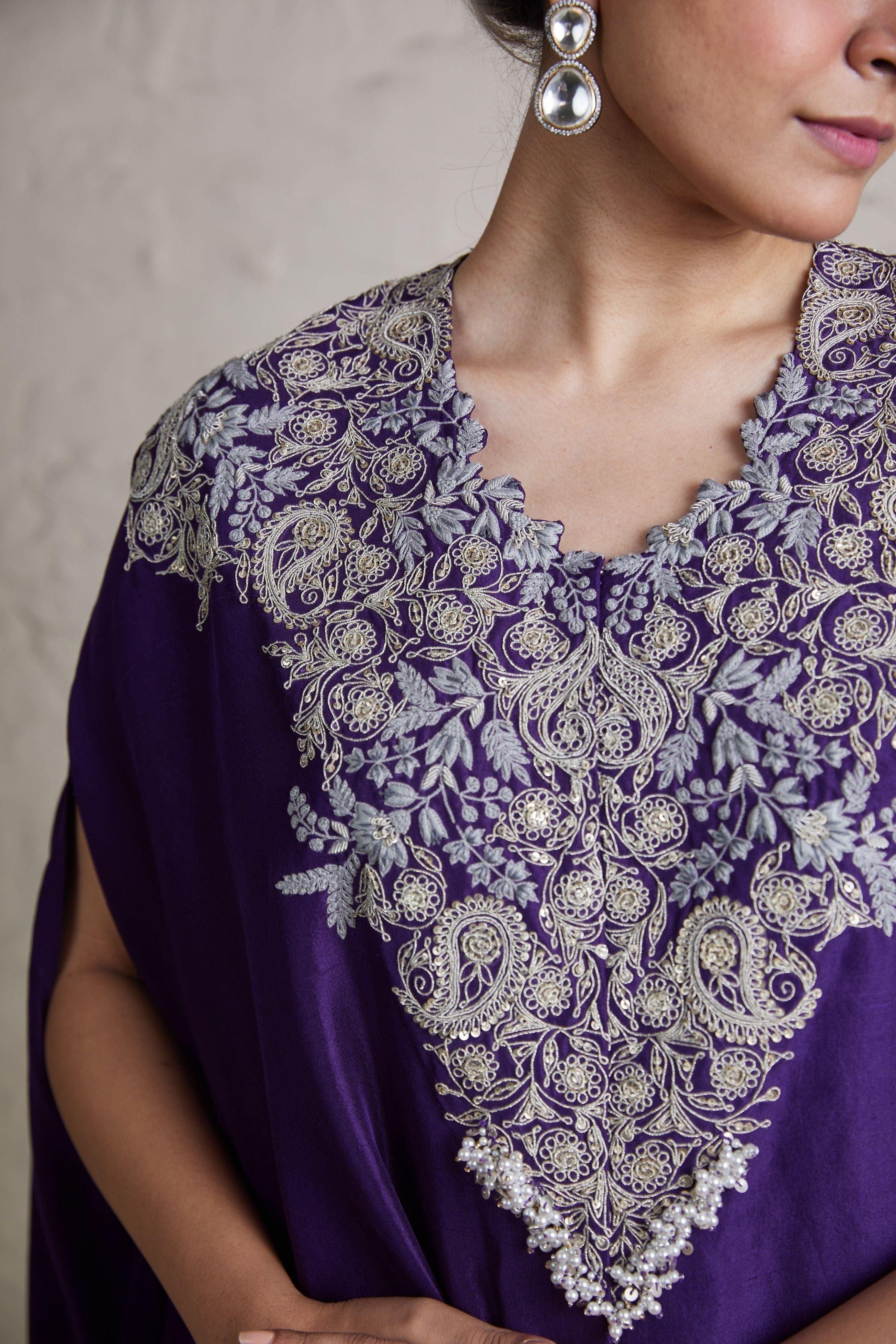 Aubergine Silk Kaftaan With Crepe Dhoti - Mokshaa
