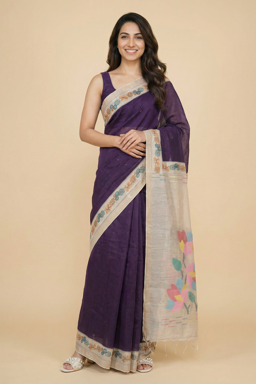 Purple Handloom Tussar Silk Saree with Floral Printed Border and Zari