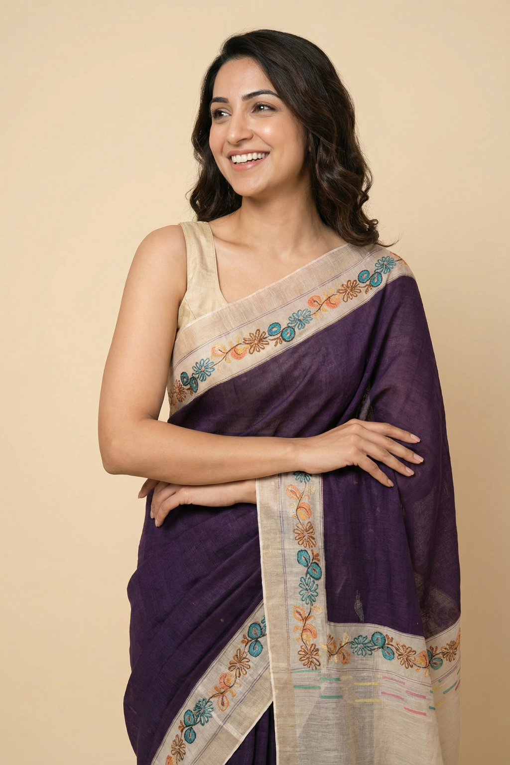 Purple Handloom Tussar Silk Saree with Floral Printed Border and Zari