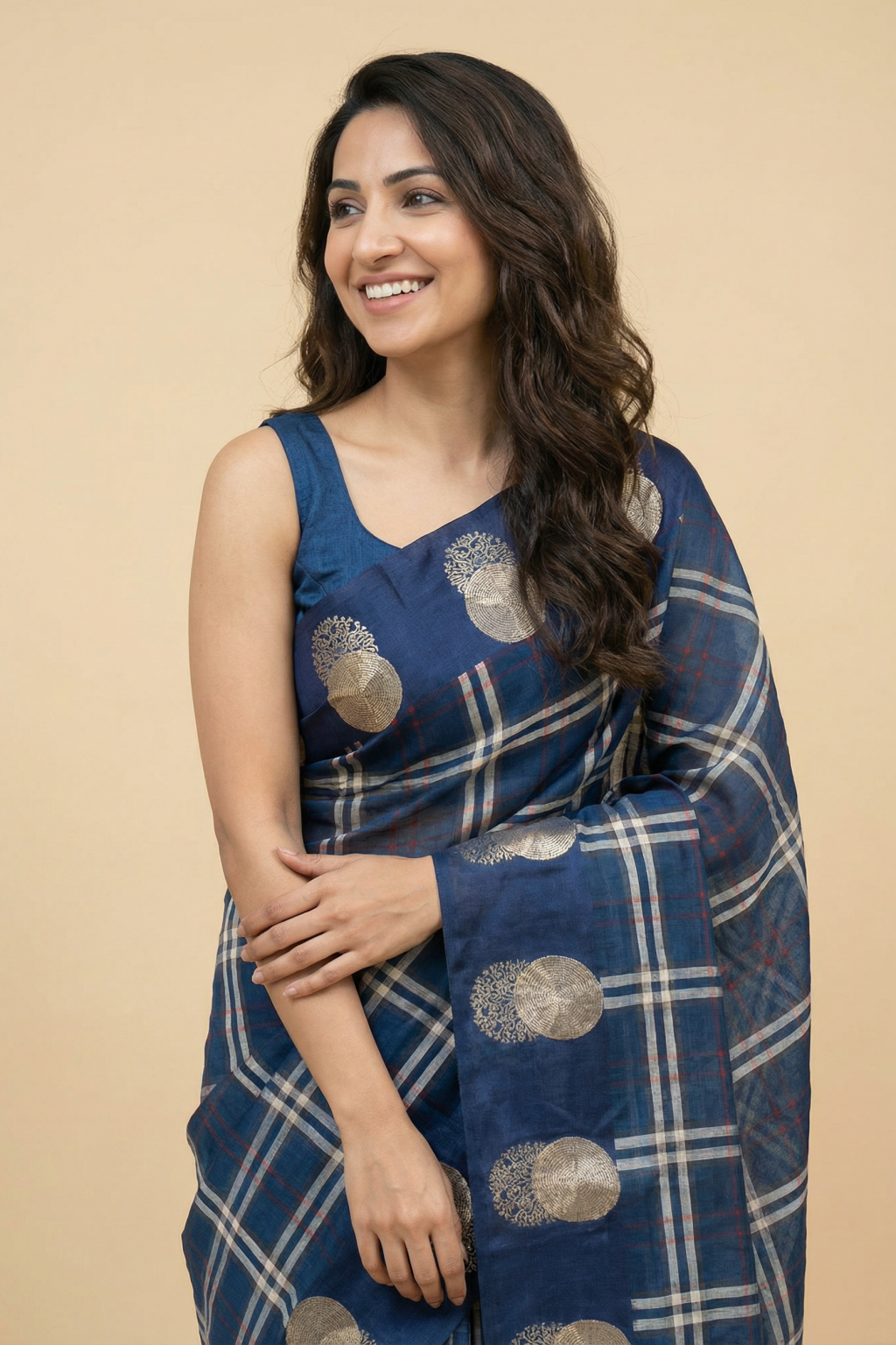 Blue Tussar Saree with Checks and Zari Buttas