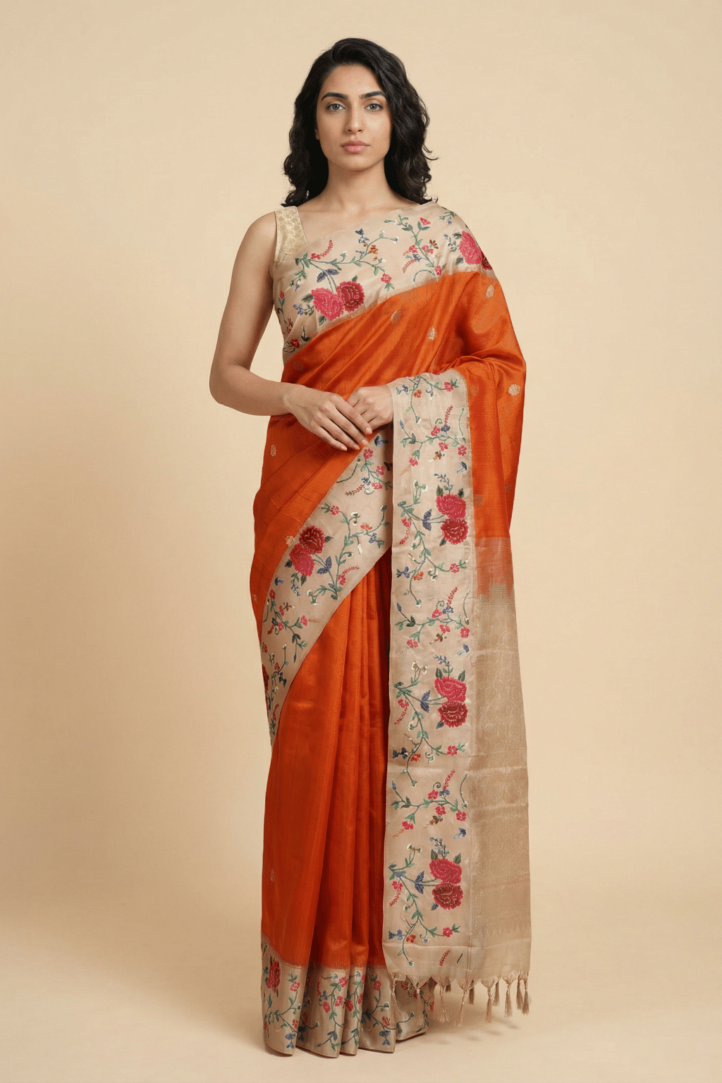 Orange Soft Silk Saree with Floral Cross-Stitch Border