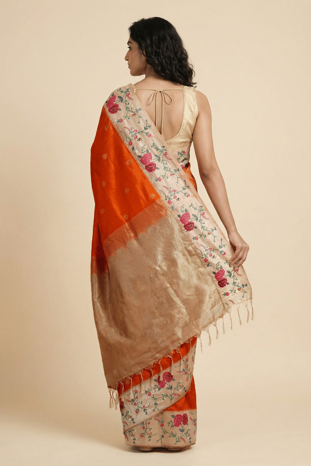 Orange Soft Silk Saree with Floral Cross-Stitch Border