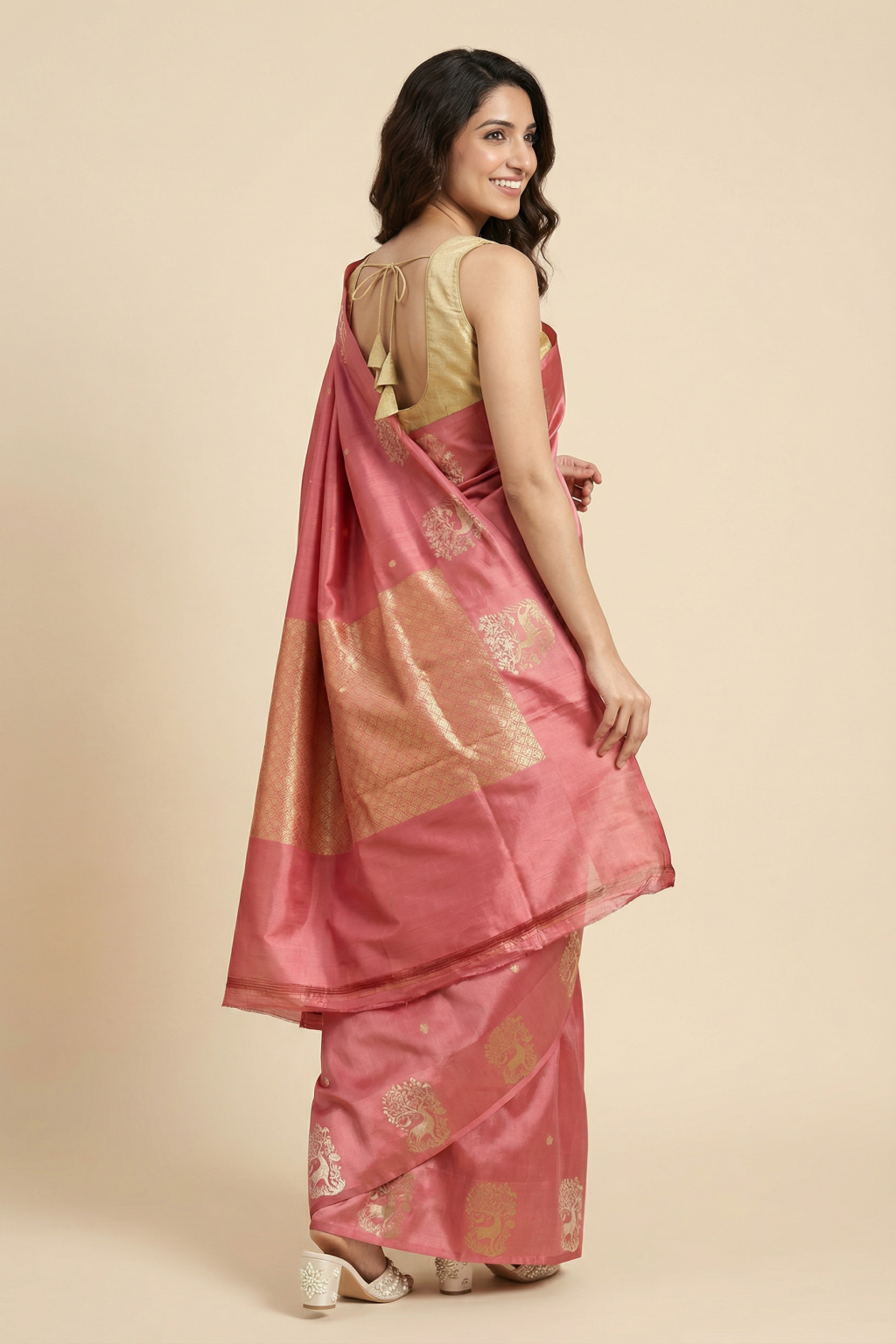 Coral Pink Banarasi Chanderi Silk Saree with Zari Animal Motifs
