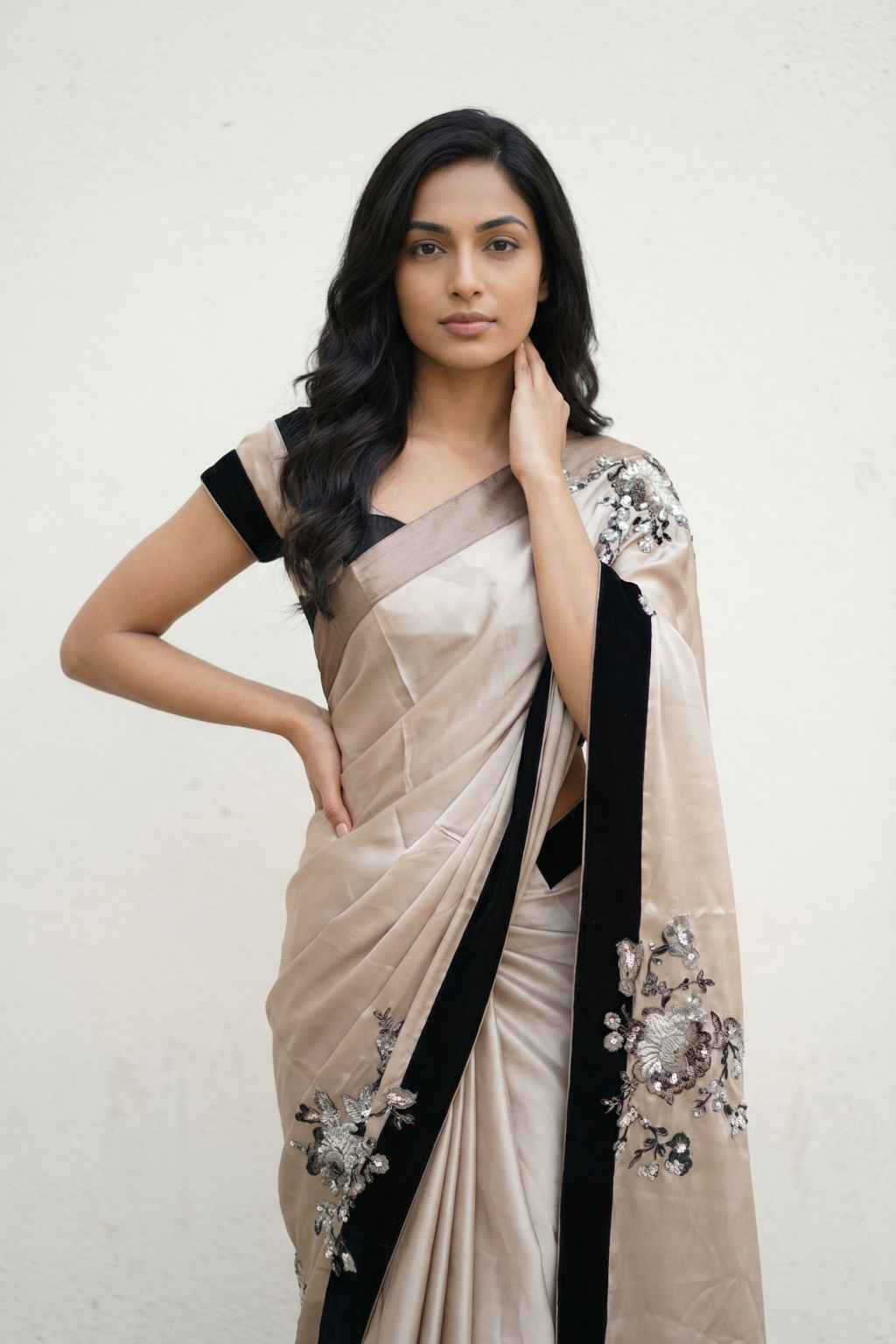 Beige Satin Saree with Black Border