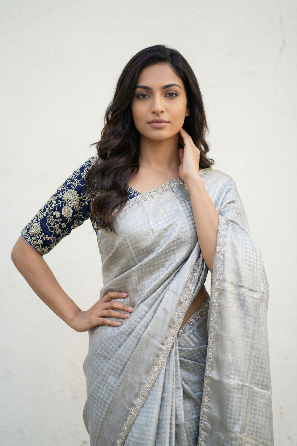 Silver Blue Tissue Saree with Sequins & Pearl Border with Ready-Made Contrast Blue Blouse