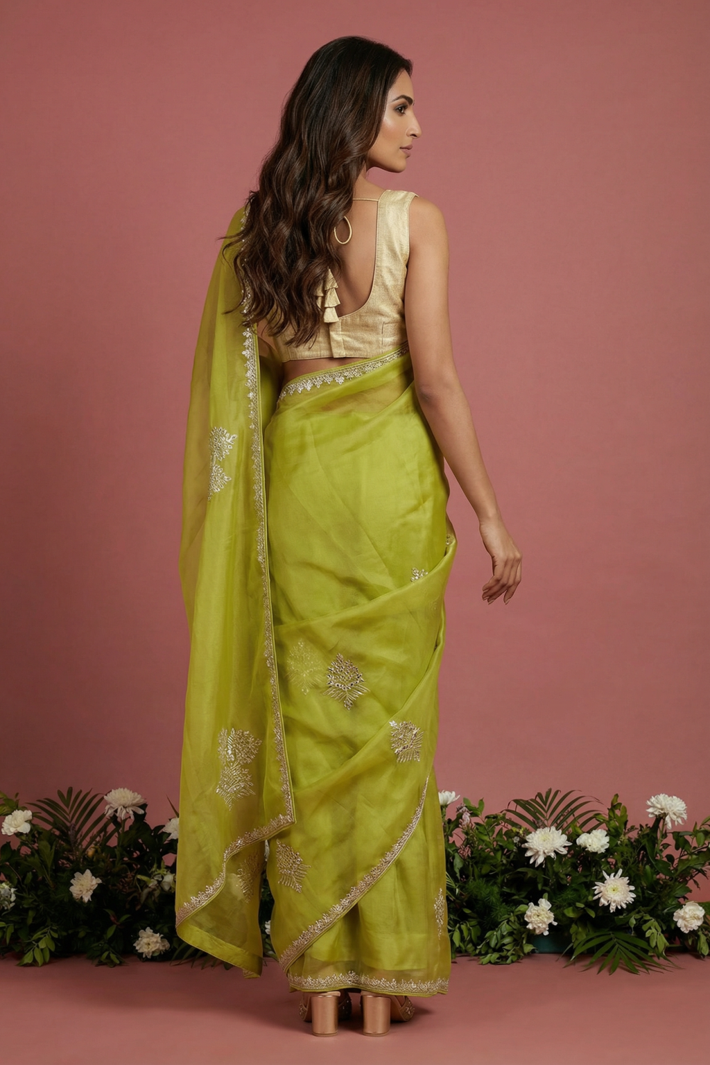 Green Organza Saree with Gota Work Motifs and Self Stripe Blouse