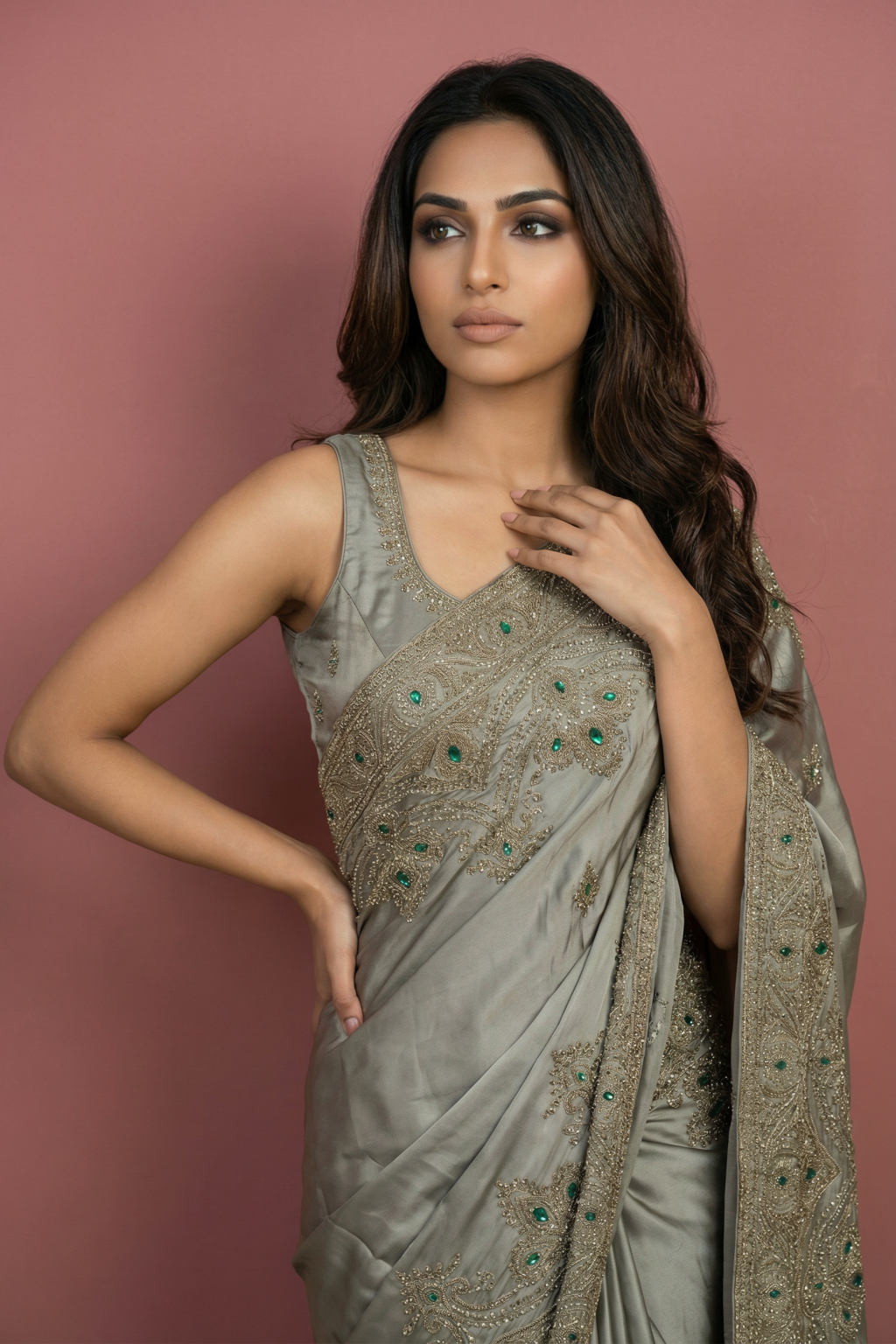 Emerald Green Satin Saree with Kardhana and Zardosi Work Heavy Border