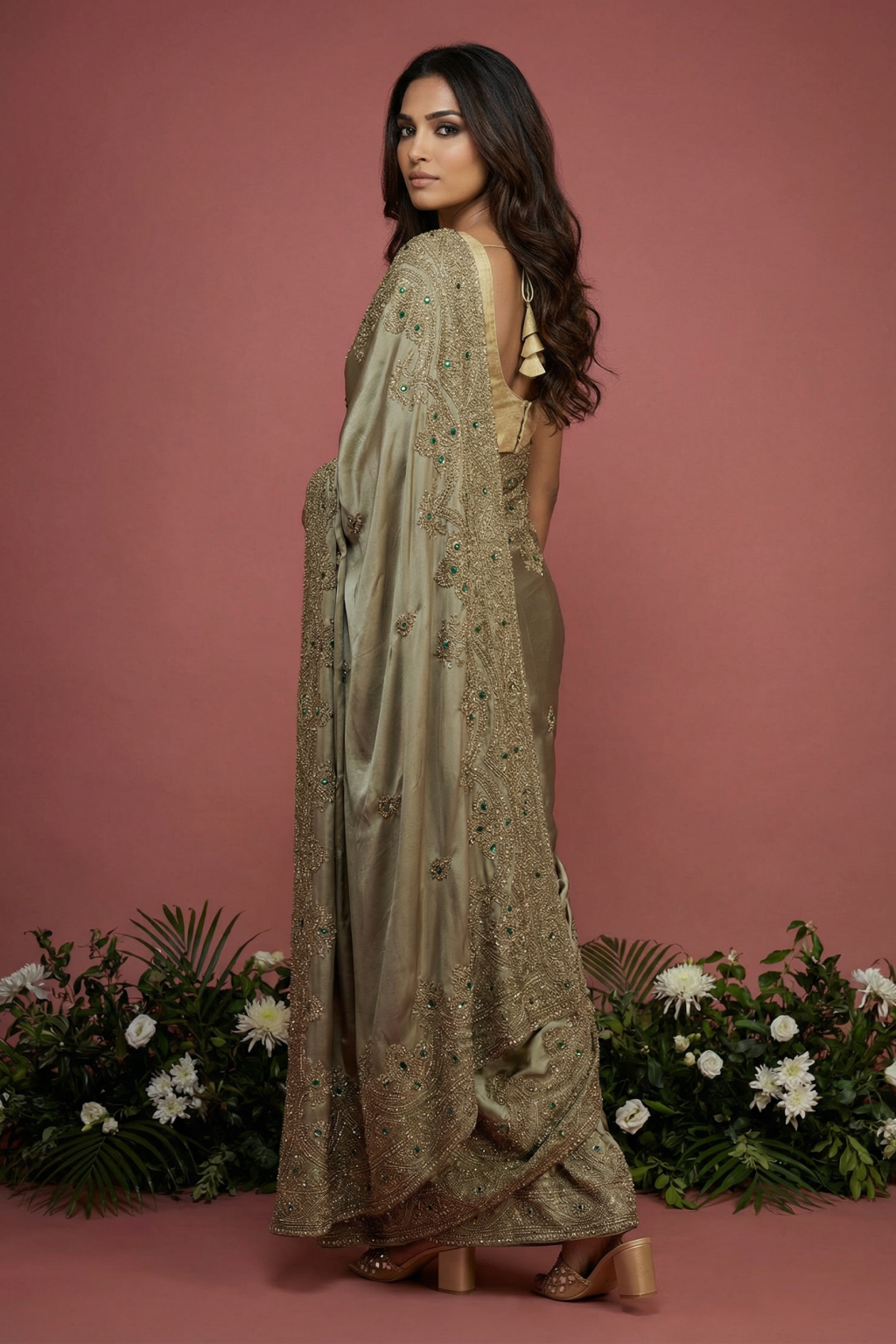Emerald Green Satin Saree with Kardhana and Zardosi Work Heavy Border