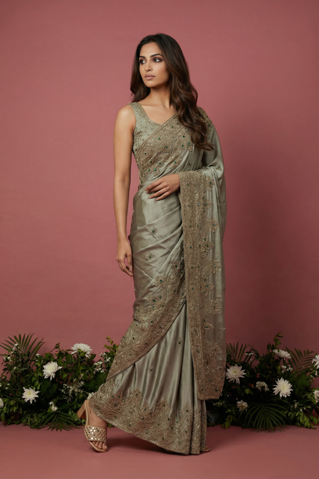 Emerald Green Satin Saree with Kardhana and Zardosi Work Heavy Border