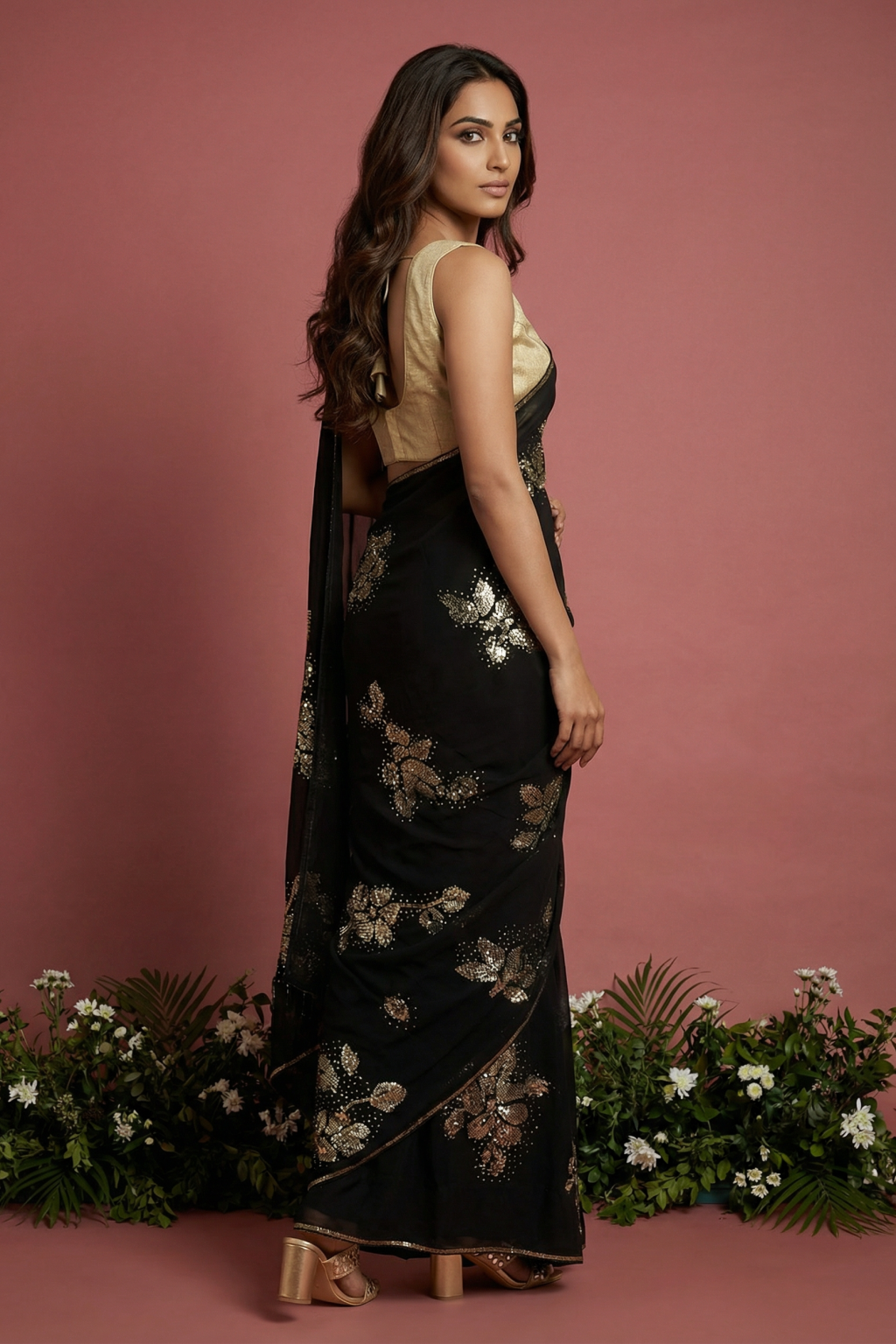 Black Crepe Saree with All-Over Sequin Floral Embroidery