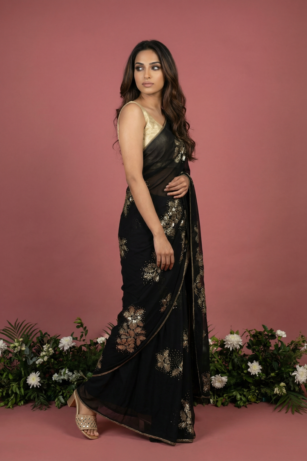 Black Crepe Saree with All-Over Sequin Floral Embroidery