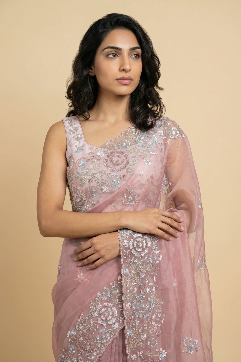 Blush Pink Organza Saree with Sequin and Kardhana Embroidered Border