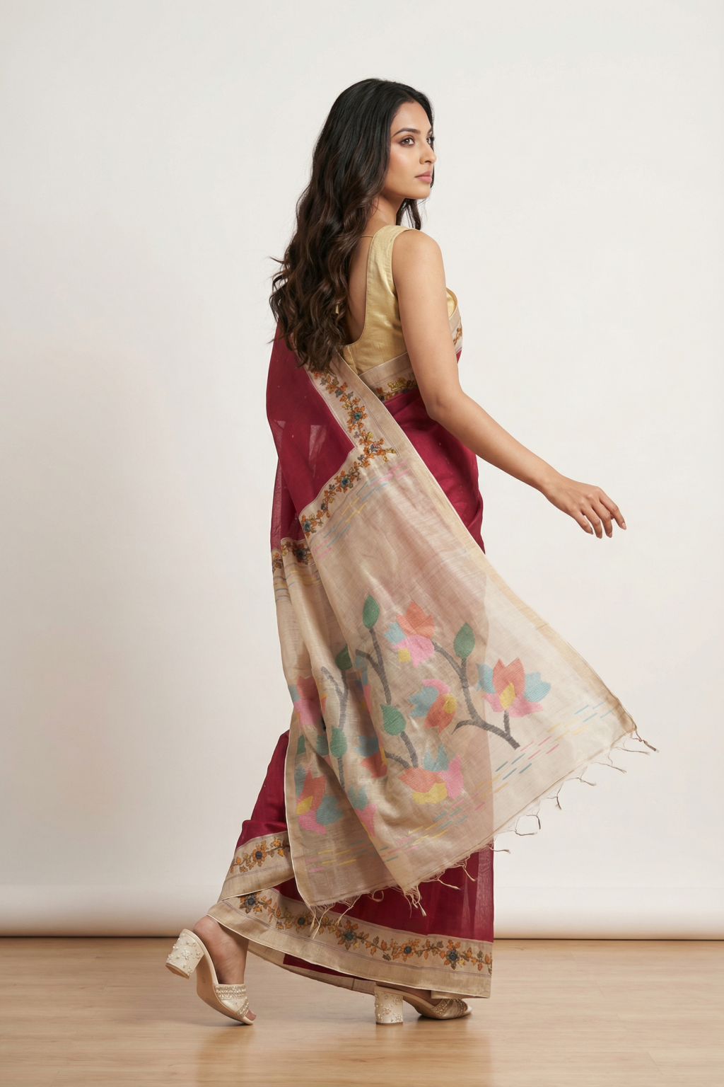 Red Handloom Tussar Silk Saree with Floral Printed Zari Border