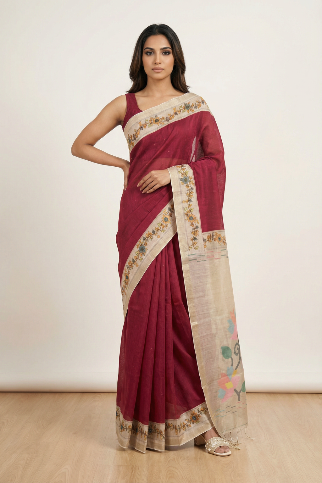 Red Handloom Tussar Silk Saree with Floral Printed Zari Border