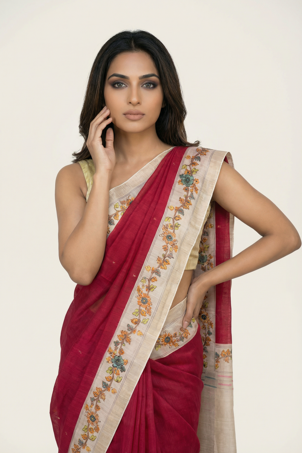 Red Handloom Tussar Silk Saree with Floral Printed Zari Border