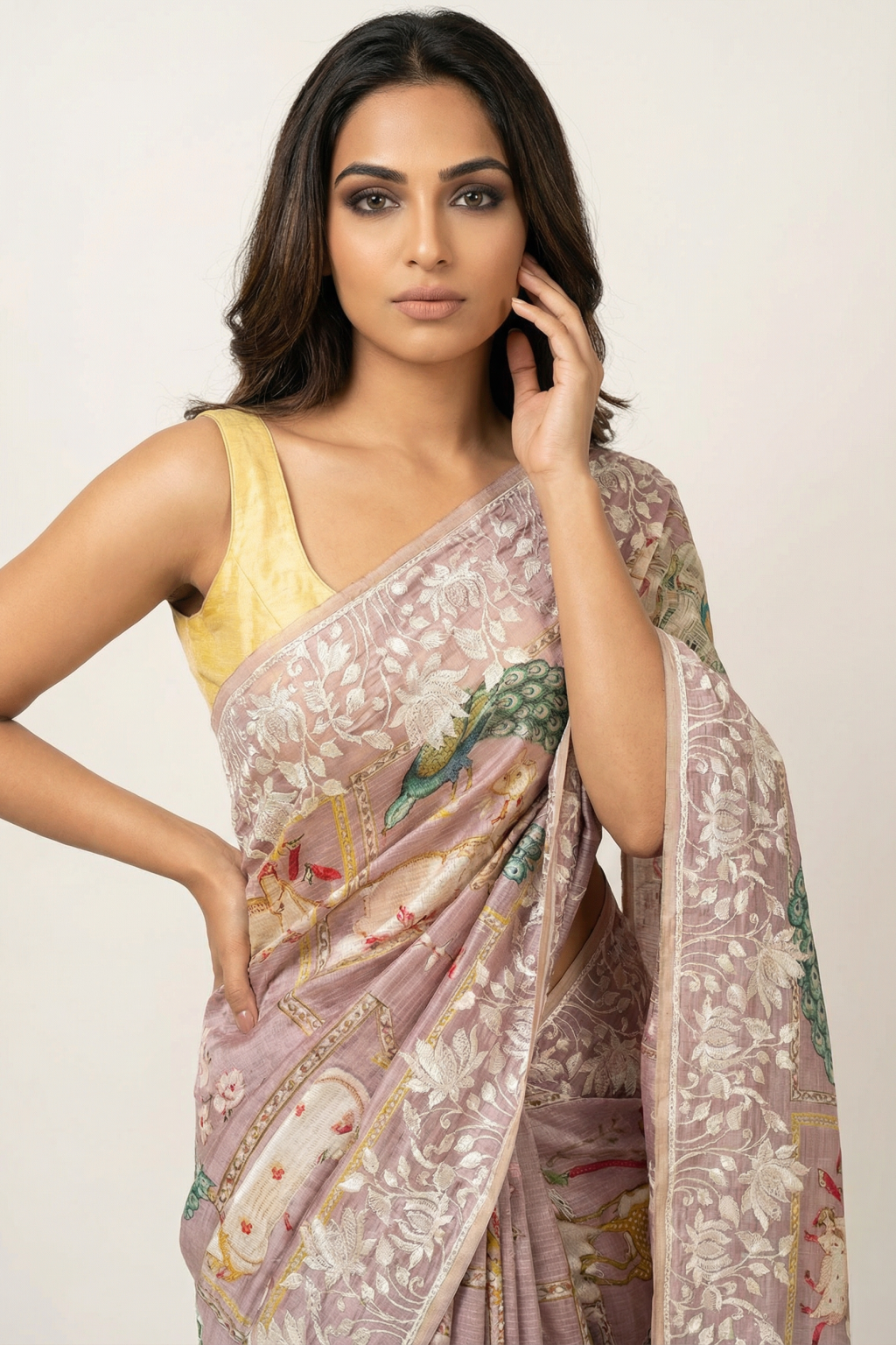 Light Purple Silk Kota Saree with Embroidered Border and Printed Motifs