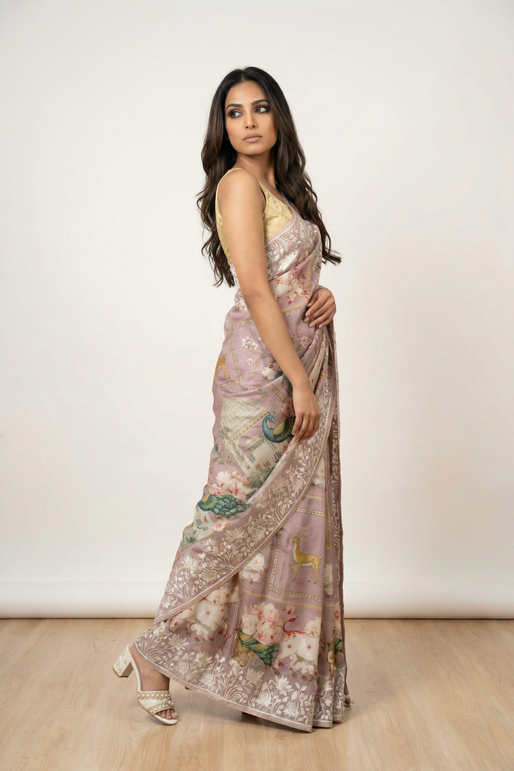 Light Purple Silk Kota Saree with Embroidered Border and Printed Motifs