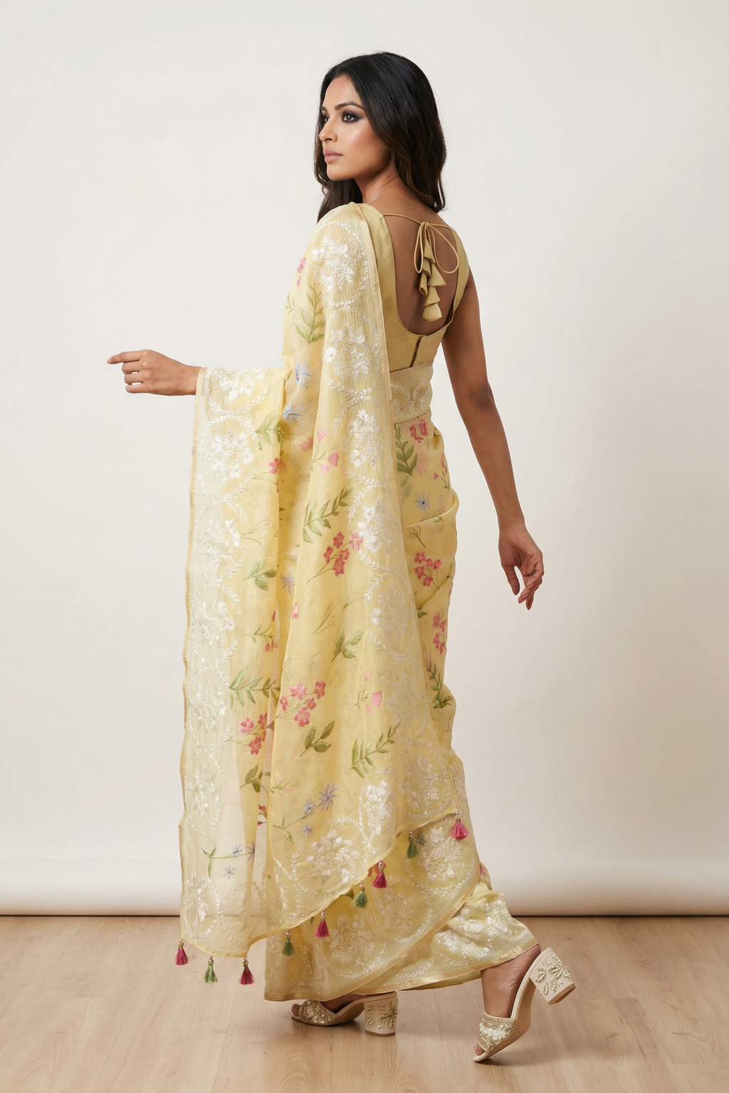 Yellow Silk Kota Saree with Floral Embroidery and Printed Motifs