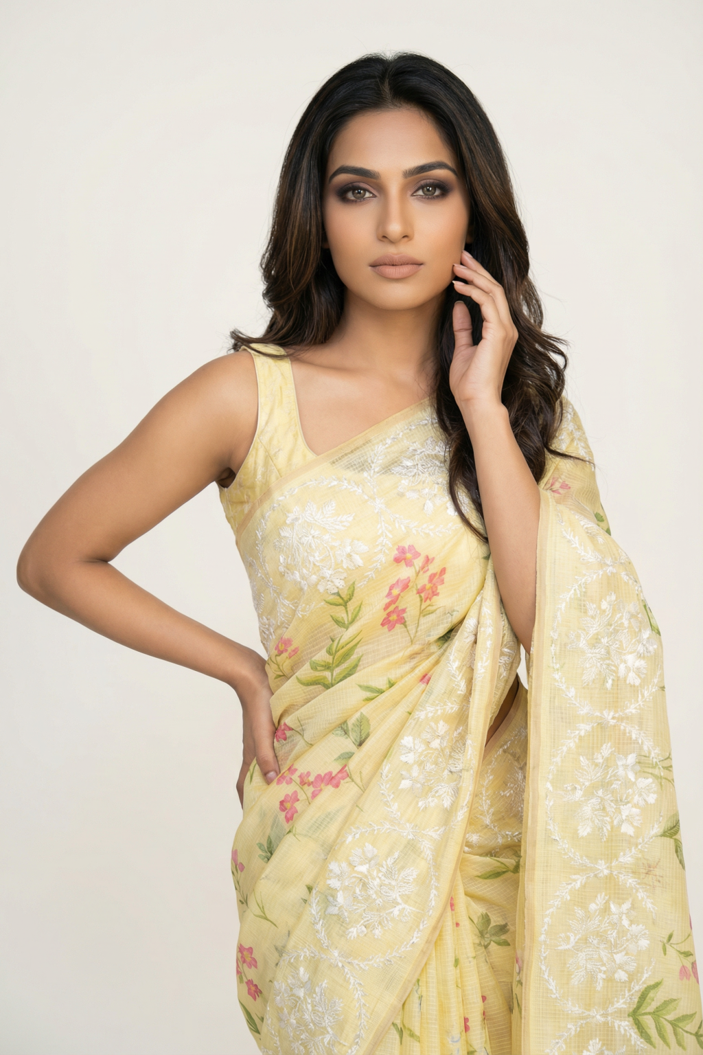 Yellow Silk Kota Saree with Floral Embroidery and Printed Motifs