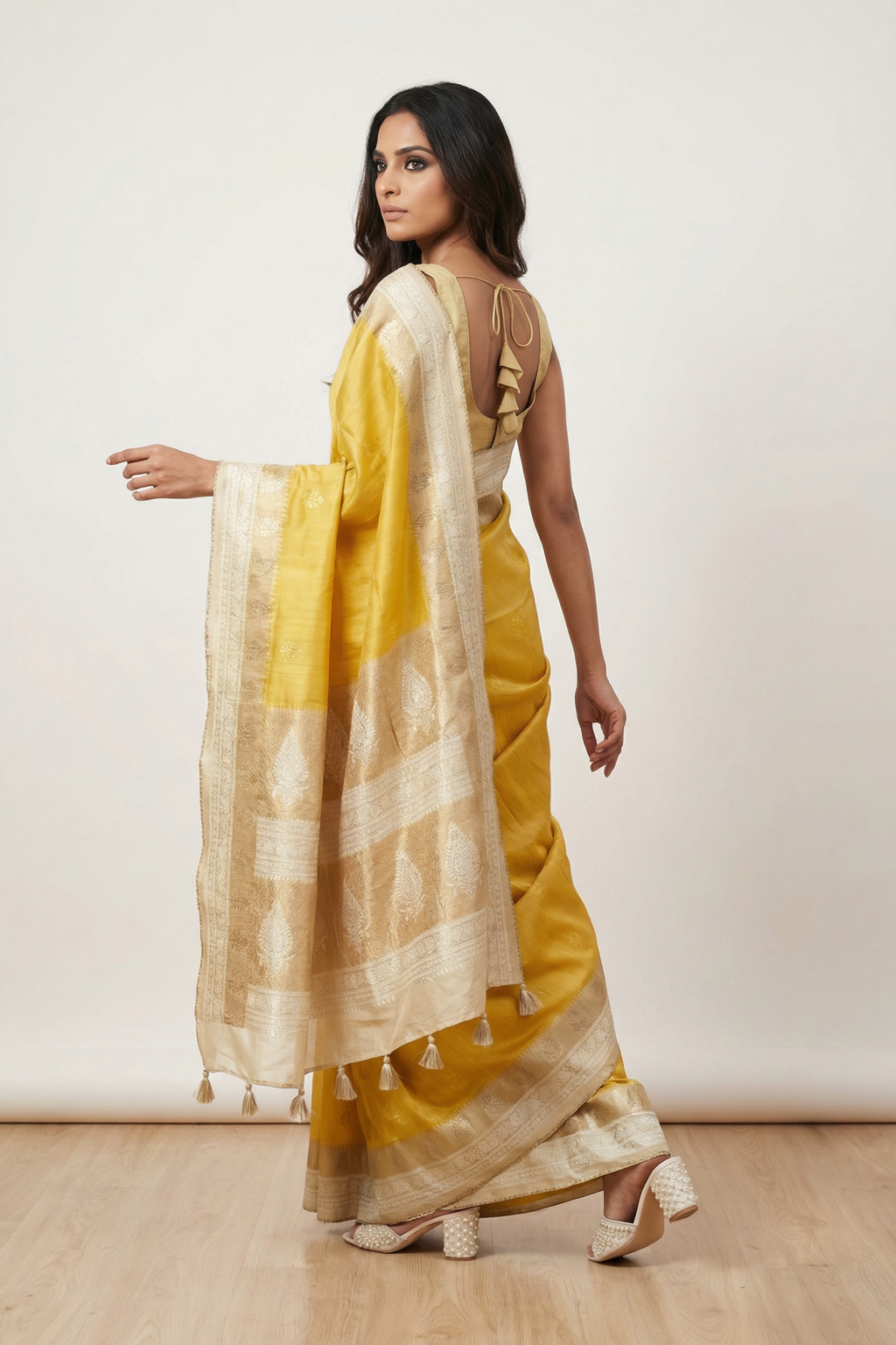 Yellow Linen Tussar Saree with Thread Motifs and Zari Border with Contrast Blouse