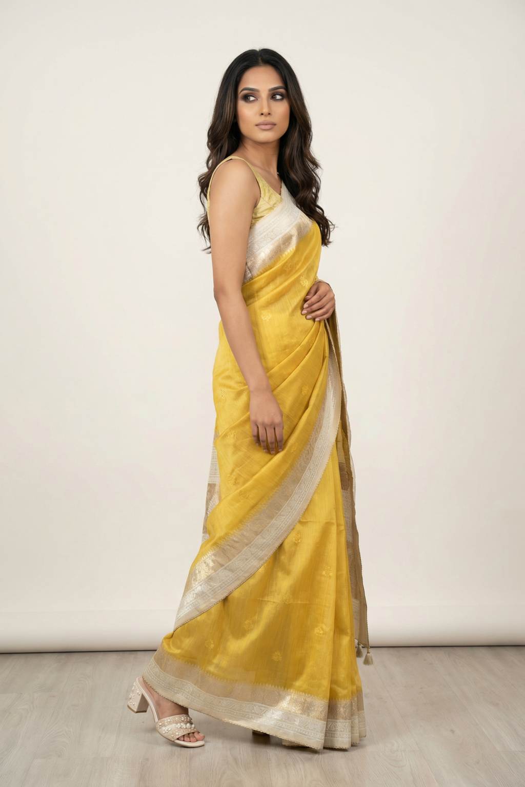Yellow Linen Tussar Saree with Thread Motifs and Zari Border with Contrast Blouse