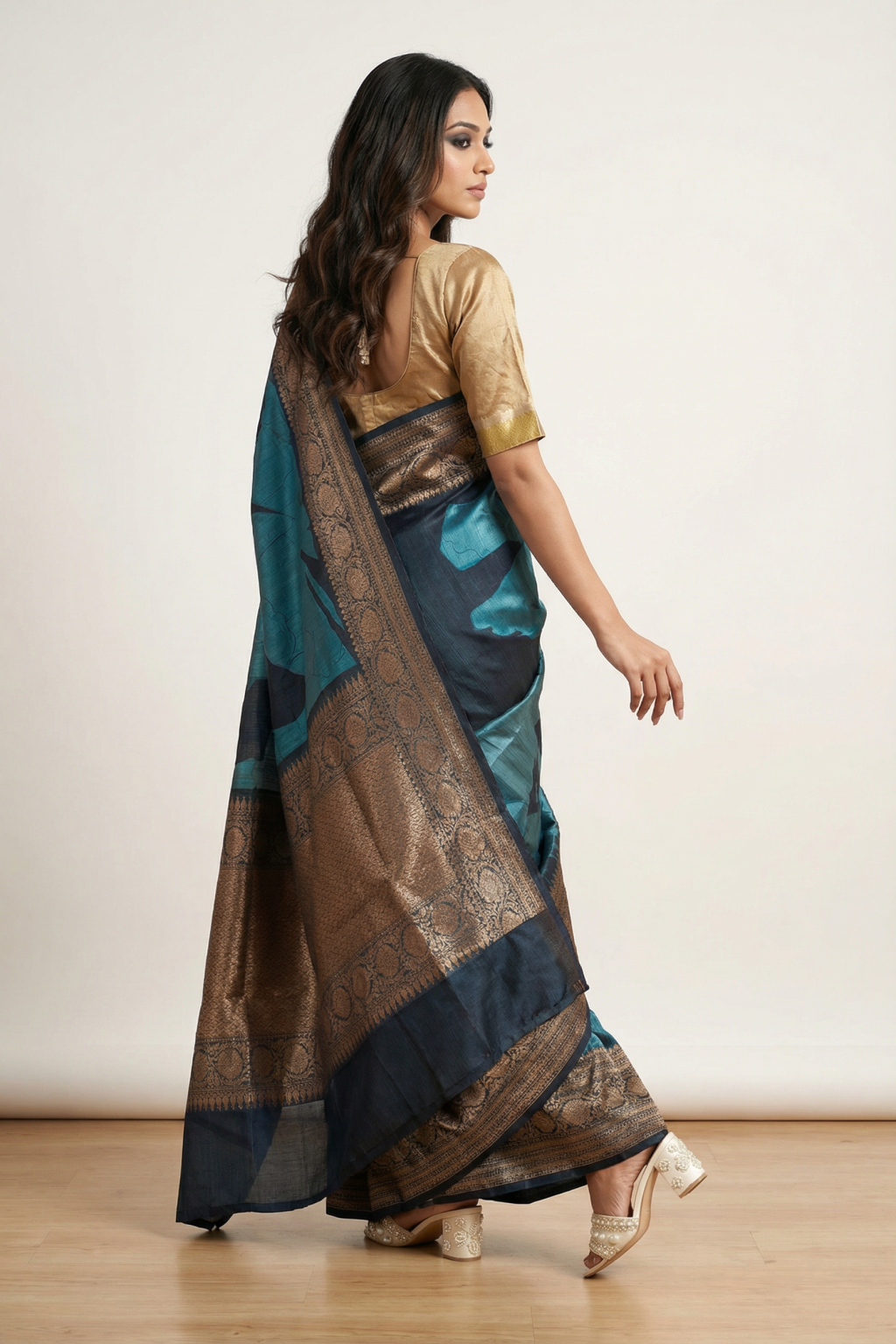 Navy Blue Tussar Silk Saree with Zari Border and Printed Design