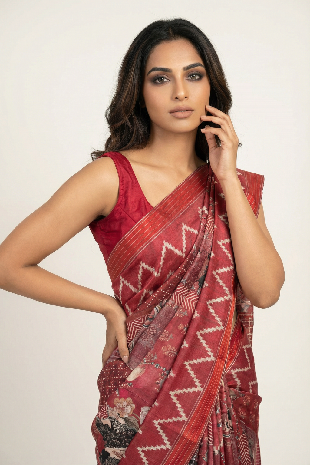 Rust Tussar Silk Saree with All Over Digital Block Print