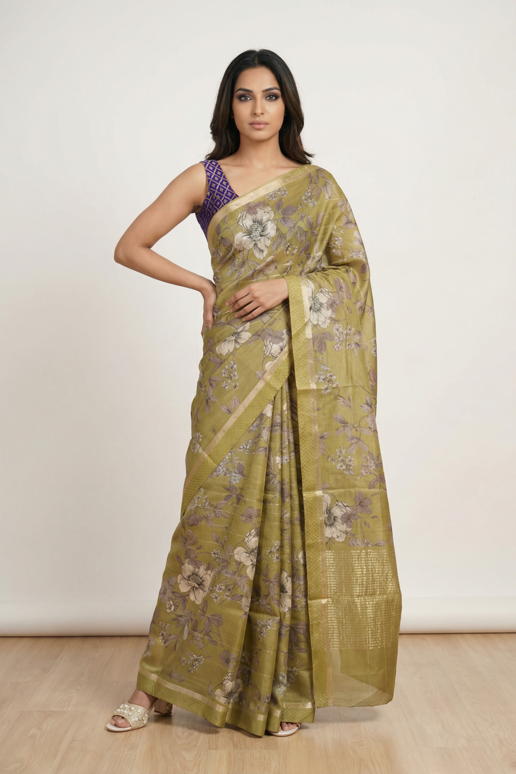 Mehendi Tussar Saree with Zari Stripes