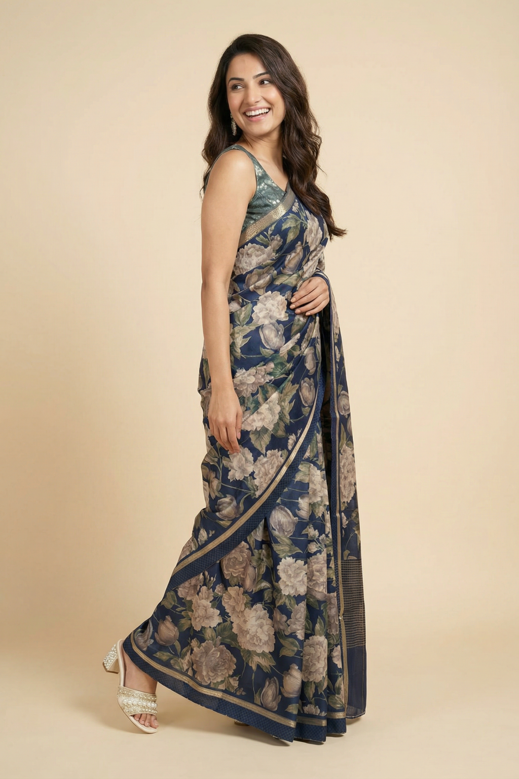 Navy Blue Tussar Silk Saree