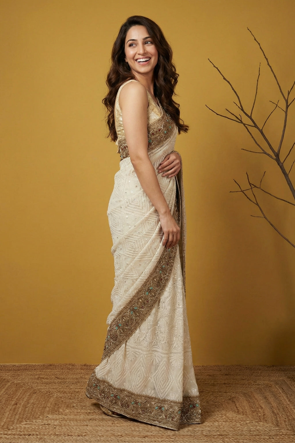 Cream Georgette Saree with Lucknowi Chikankari & Zardozi Border