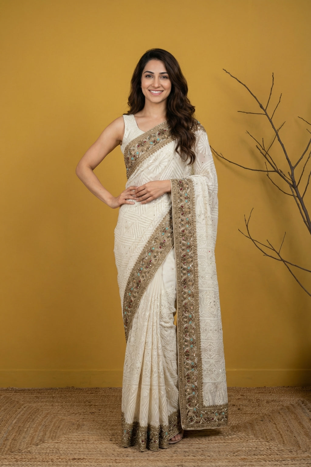 Cream Georgette Saree with Lucknowi Chikankari & Zardozi Border