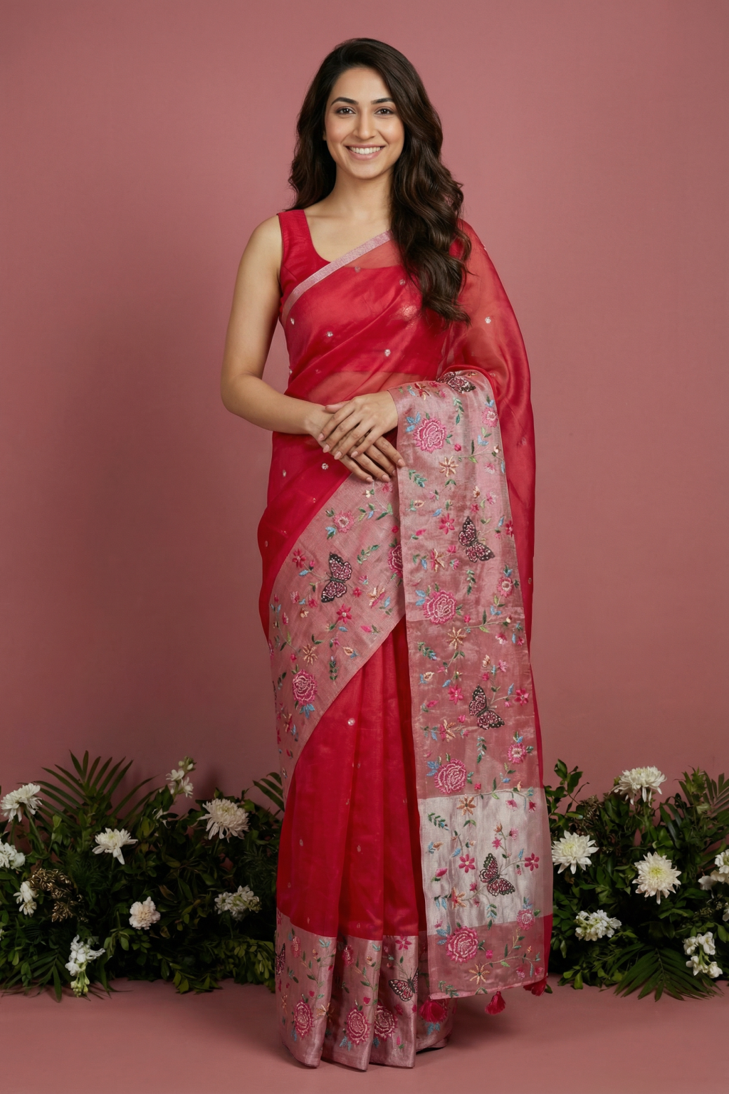 Red Organza Saree with Floral and Butterfly Embroidered Tissue Border