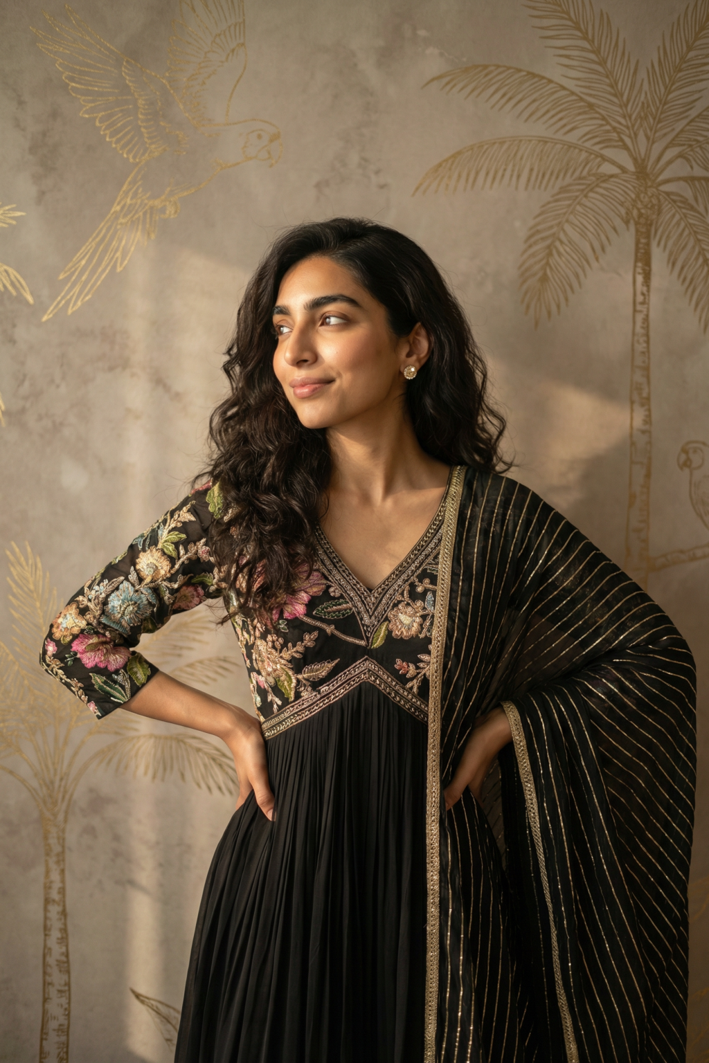 Black Georgette Anarkali Set with Printed Floral Work & Sequin Highlights - Mokshaa