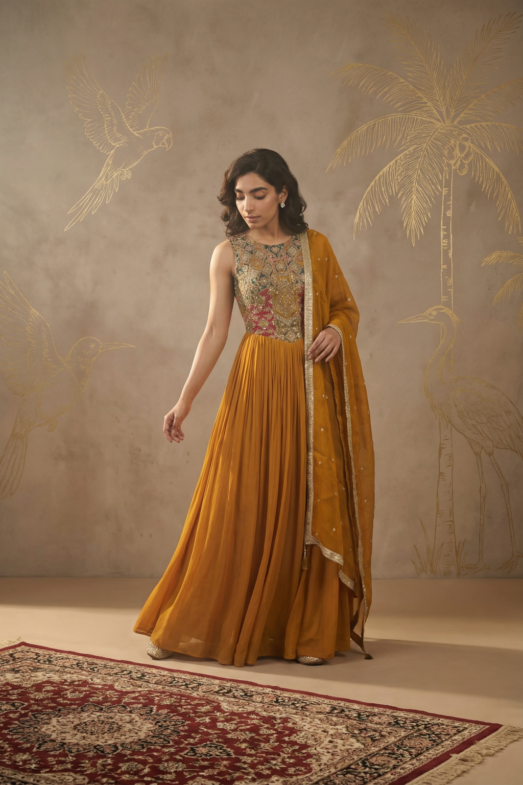 Mustard Georgette Anarkali with Organza Dupatta - Mokshaa