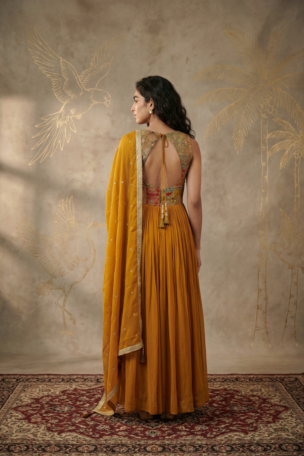 Mustard Georgette Anarkali with Organza Dupatta - Mokshaa