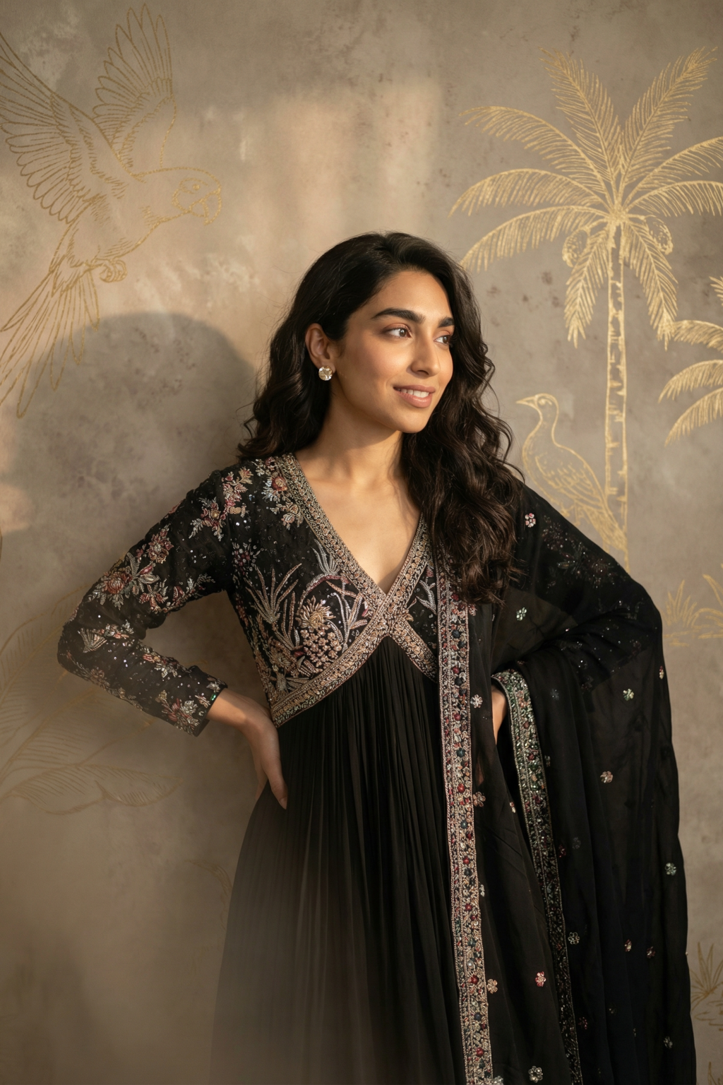 Black Georgette Anarkali Set with Multicolour Embroidery - Mokshaa