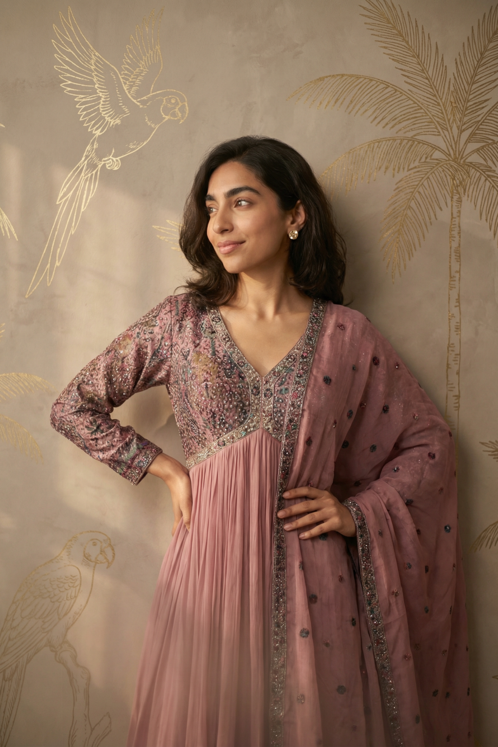 Dusty Pink Georgette Anarkali Set with Multicolour Thread & Sequin Embroidery - Mokshaa