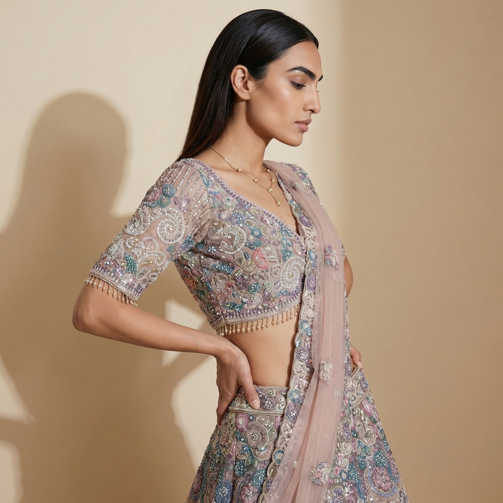 Blush Net Lehenga Set with Multicolour Floral Embroidery - Mokshaa